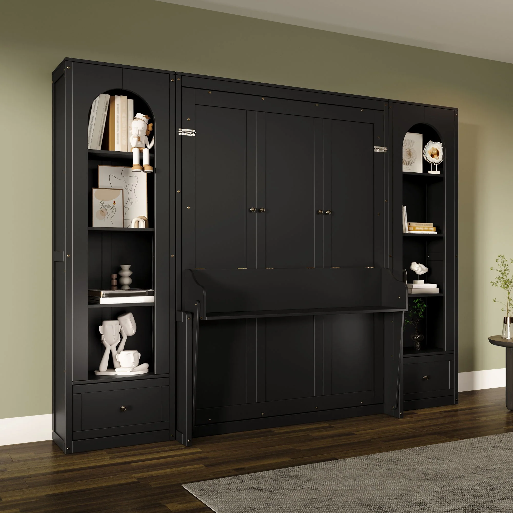 French Style Murphy Platform Bed With Shelf, Side Cabinets, Drawers And LED - Image 8