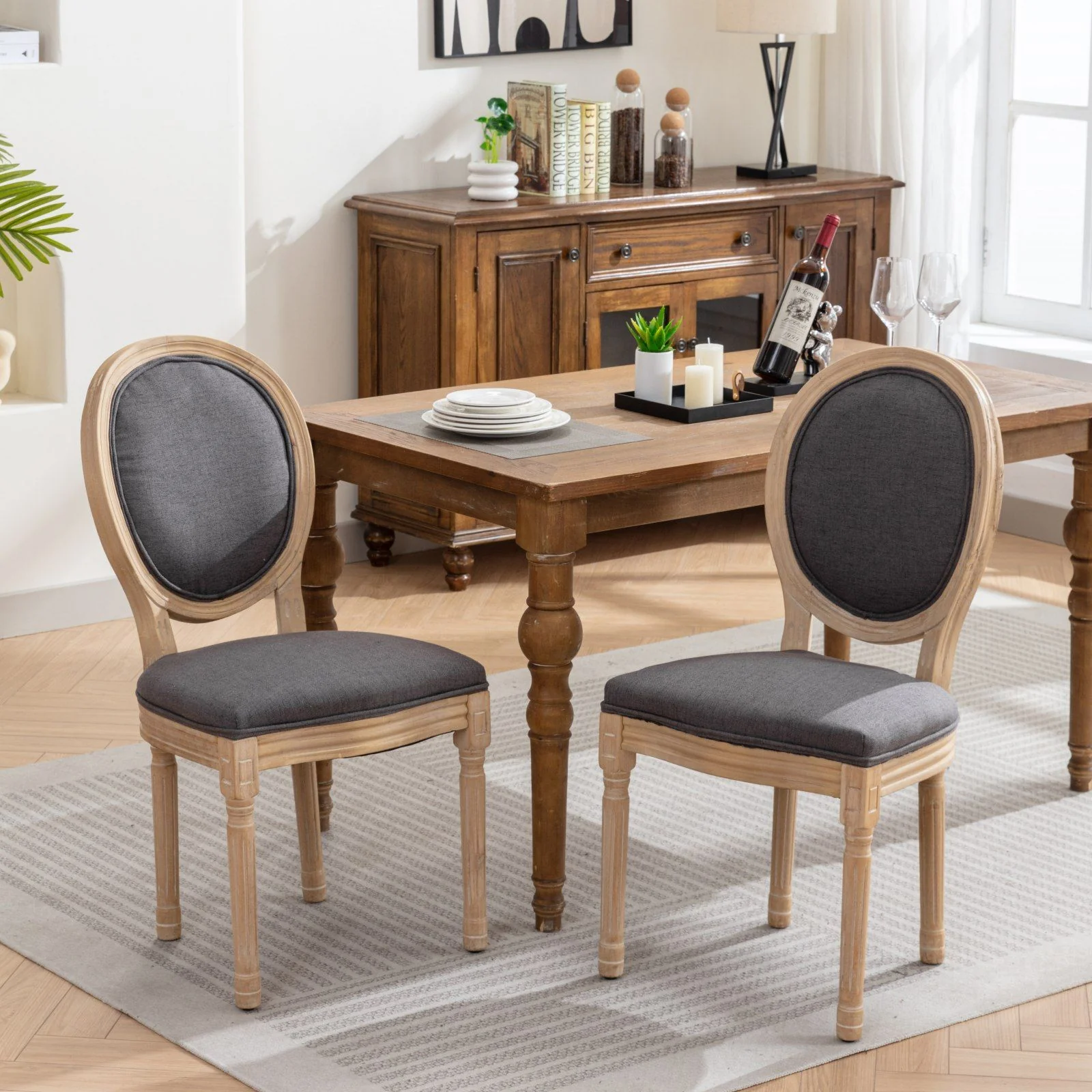 French Style Solid Wood Frame Antique Painting Fabric Back Dining Chair (Set of 2) - Image 2