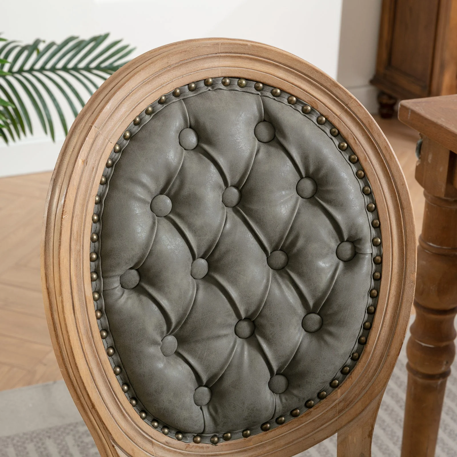 French Style Solid Wood Frame Antique Painting, Hand-Pulled Buckle Decoration Artificial Dining Chair With Nailhead Trim, Wood Legs - Image 14