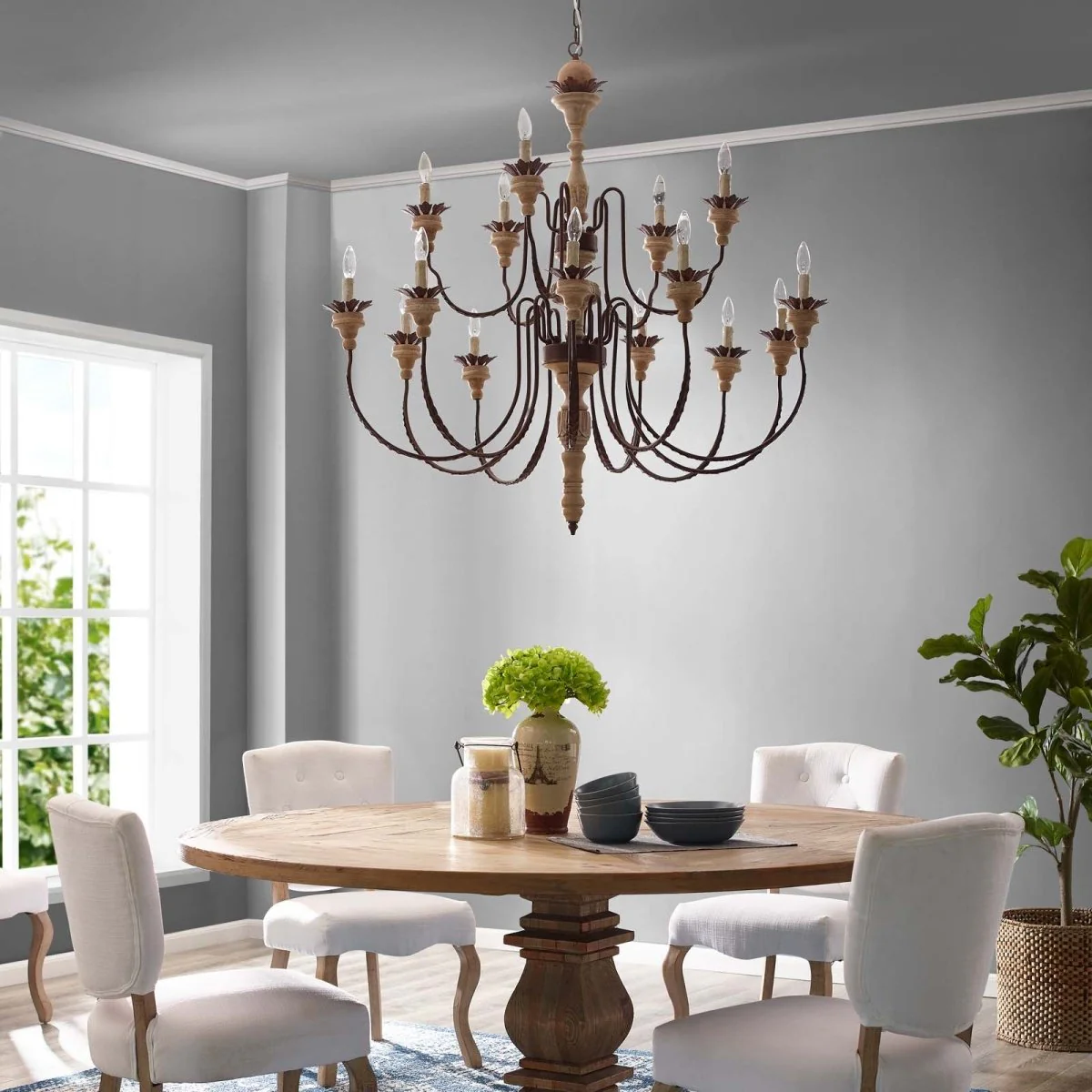 15-Light French Vintage Candelabra Chandelier – Wood and Metal - Image 5