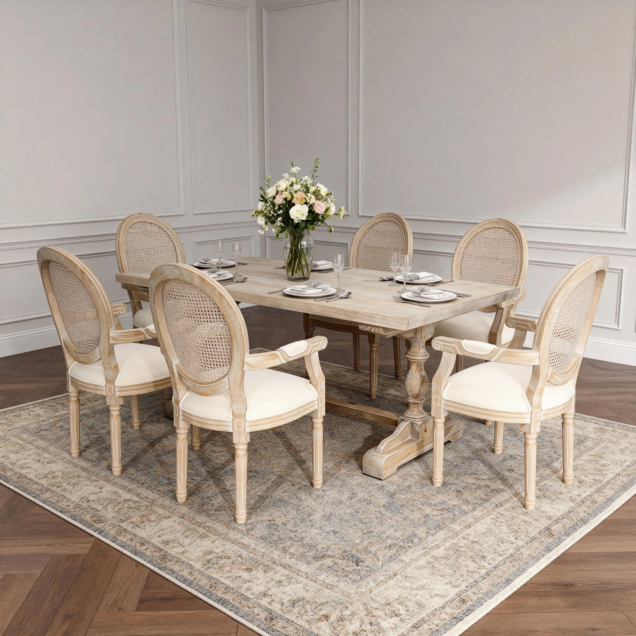 French Vintage Upholstered Fabric Dining Armchair (Set of 2) - Beige - Image 5