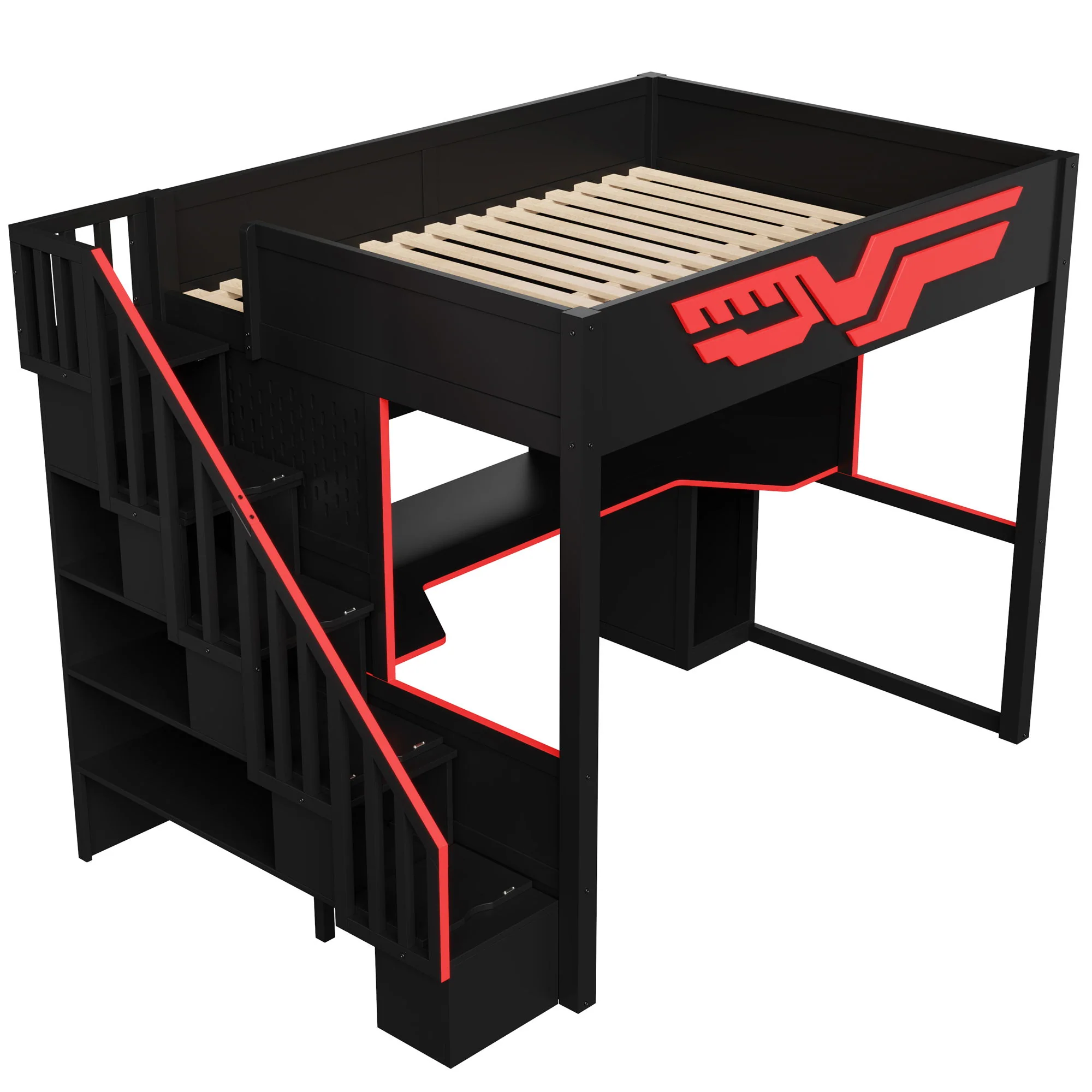 Full Gaming Loft Bed With Desk And Storage Staircase, LED Lights And USB - Red / Black - Image 9