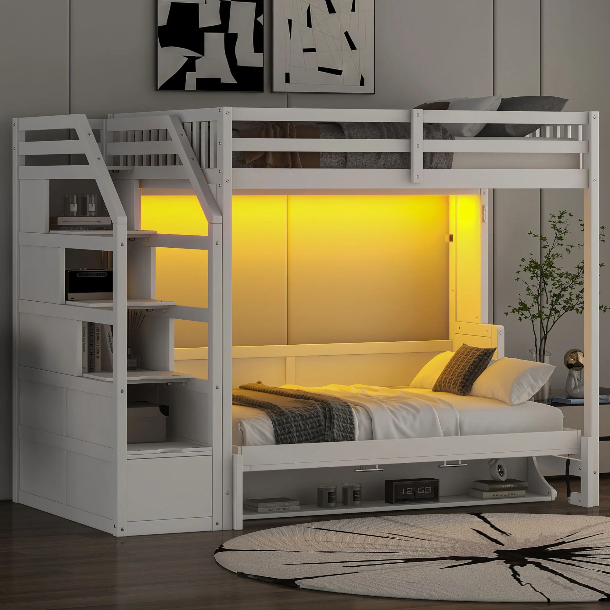 Full Long Loft Bed With Storage Staircase, Murphy Bed, LED Light - White - Image 5