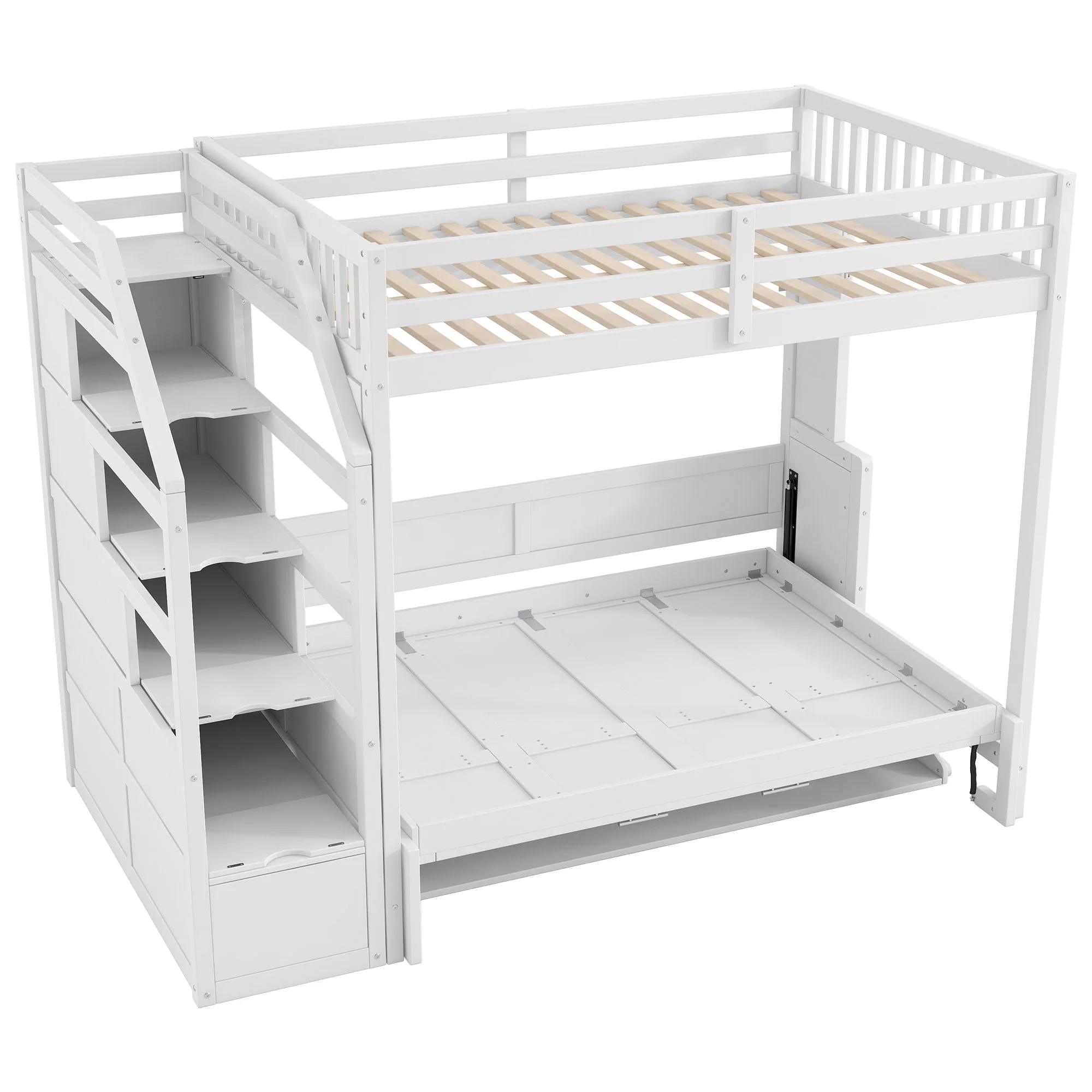 Full Long Loft Bed With Storage Staircase, Murphy Bed, LED Light - White - Image 9