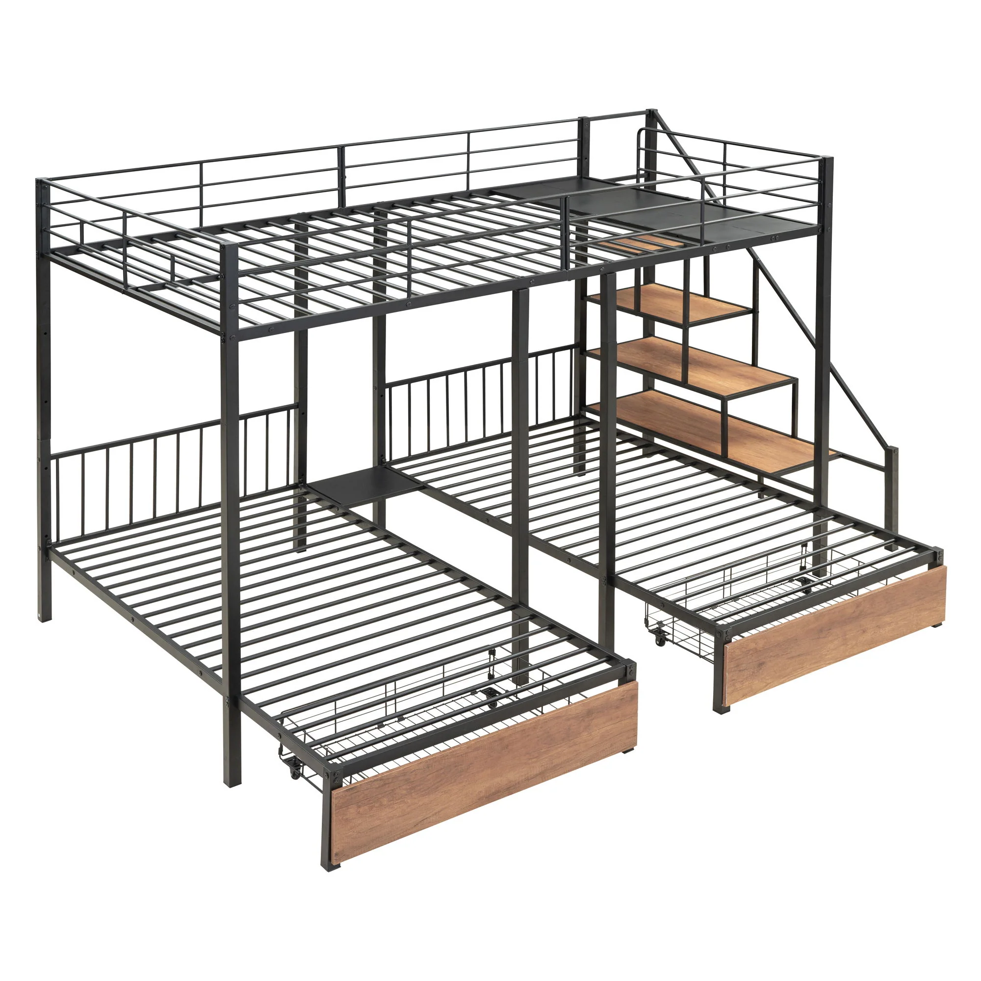 Full Over Twin-Twin Triple Bunk Bed With Drawers And Staircase - Black - Image 8