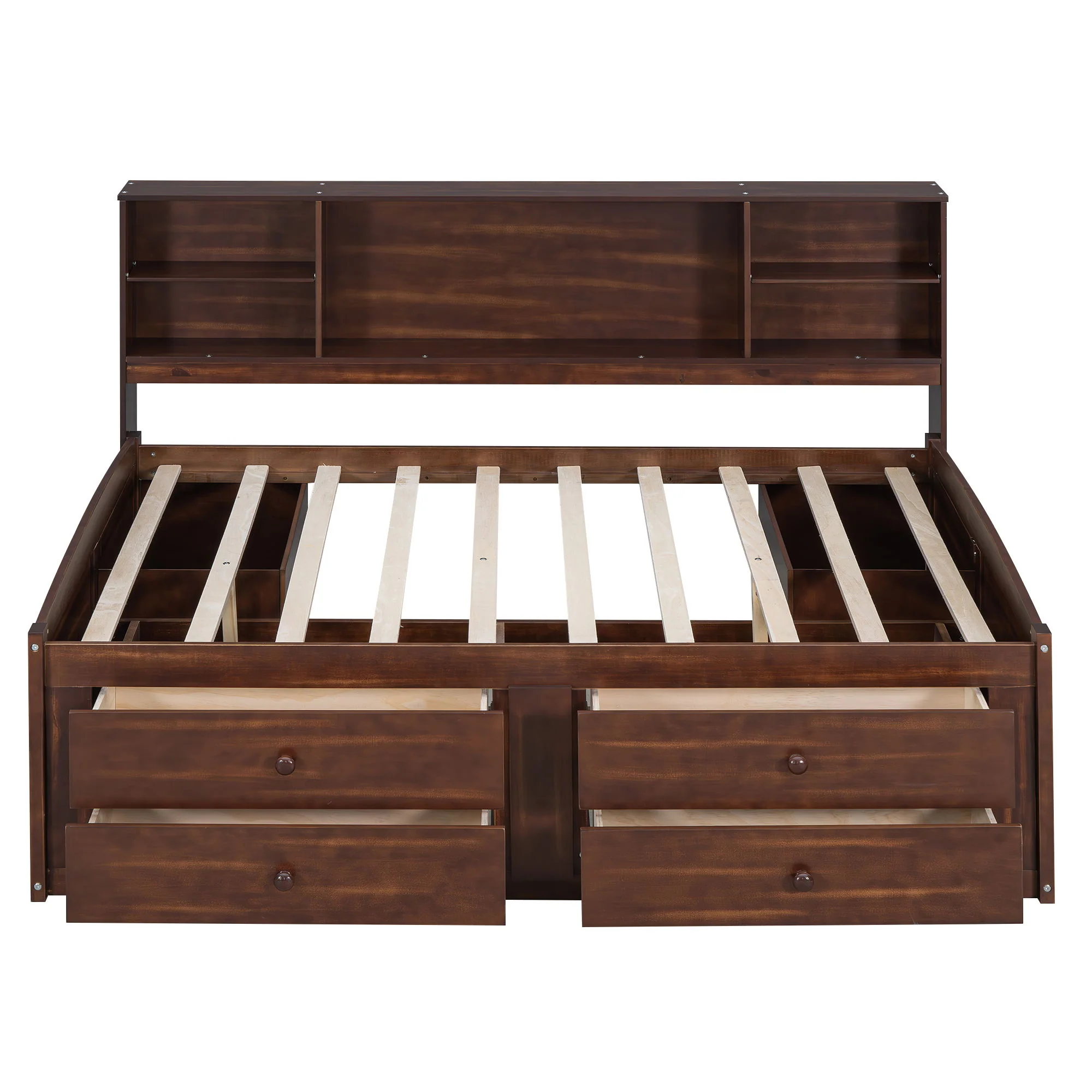 Full Size Captain Bed With Built In Storage Shelves, 4 Drawers And 2 Cabinets - Antique Brown