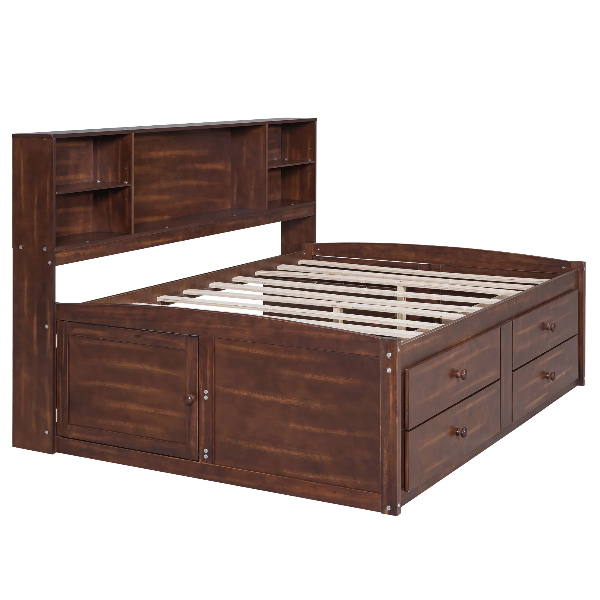 Full Size Captain Bed With Built In Storage Shelves, 4 Drawers And 2 Cabinets - Antique Brown - Image 4