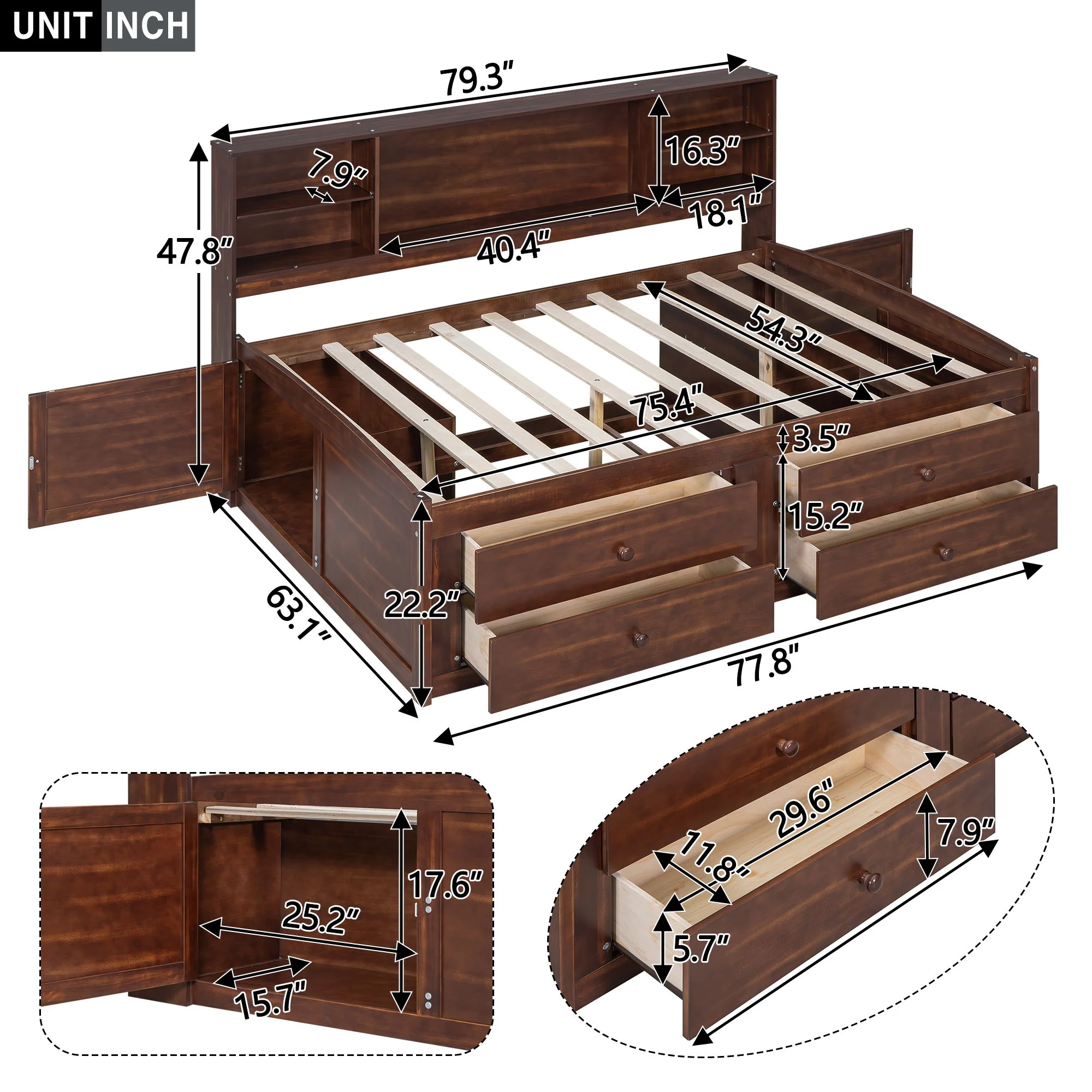 Full Size Captain Bed With Built In Storage Shelves, 4 Drawers And 2 Cabinets - Antique Brown - Image 6