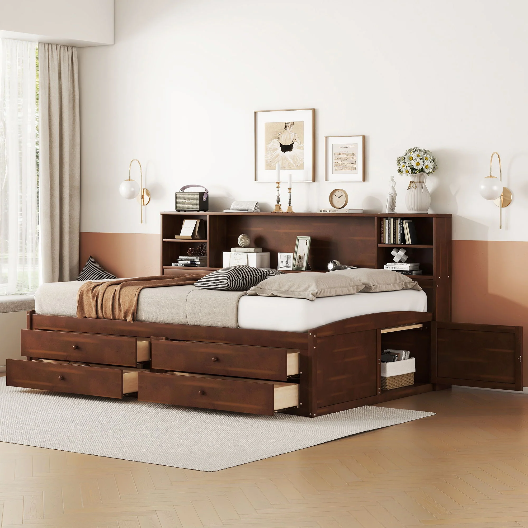 Full Size Captain Bed With Built In Storage Shelves, 4 Drawers And 2 Cabinets - Antique Brown - Image 8