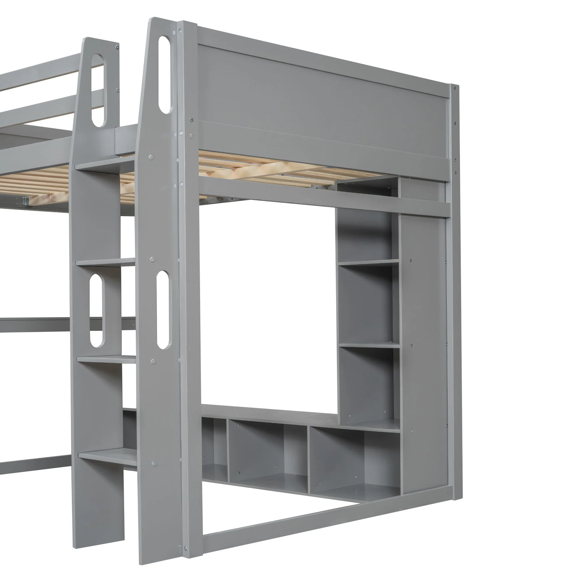 Full Size Gaming Loft Bed With Desk, Multi Storage Shelves, LED Lighting, And Hanging Clothes Rack - Gray - Image 7