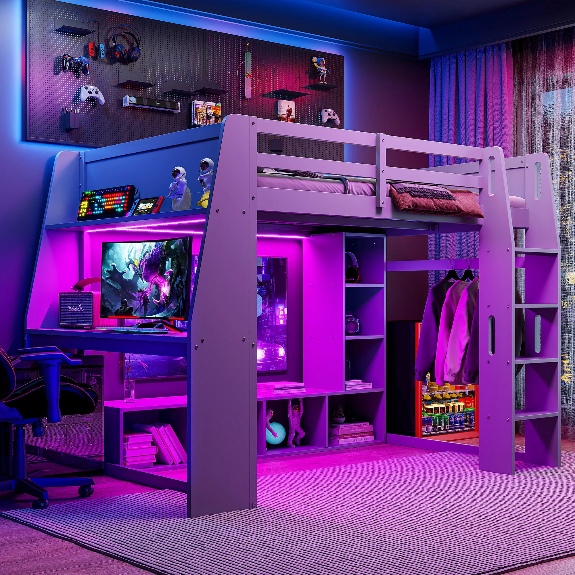 Full Size Gaming Loft Bed With Desk, Multi Storage Shelves, LED Lighting, And Hanging Clothes Rack - Gray - Image 8