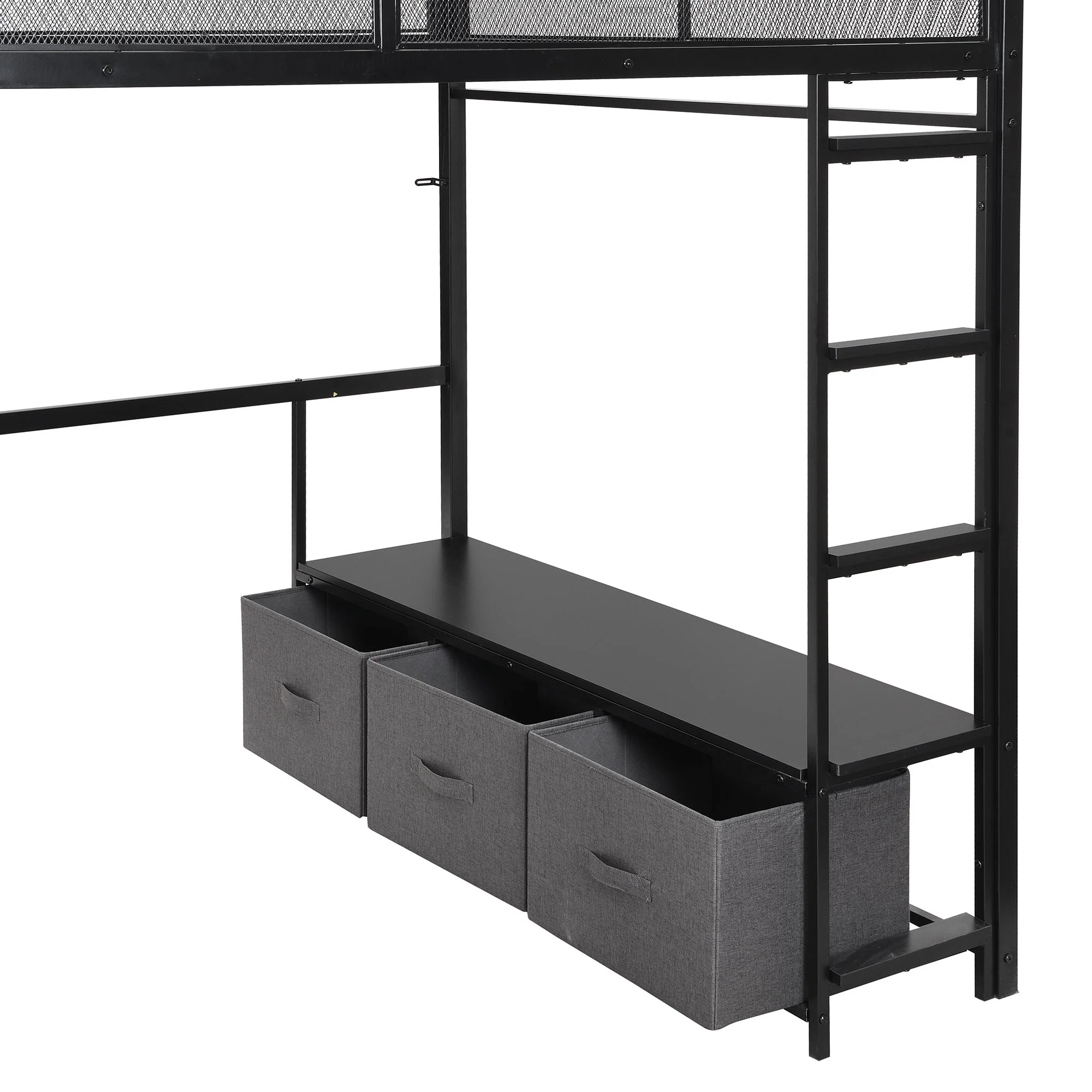 Full Size Gaming Loft Bed With LED Desk, Open Wardrobe, 3 Linen Storage Drawers - Black - Image 9