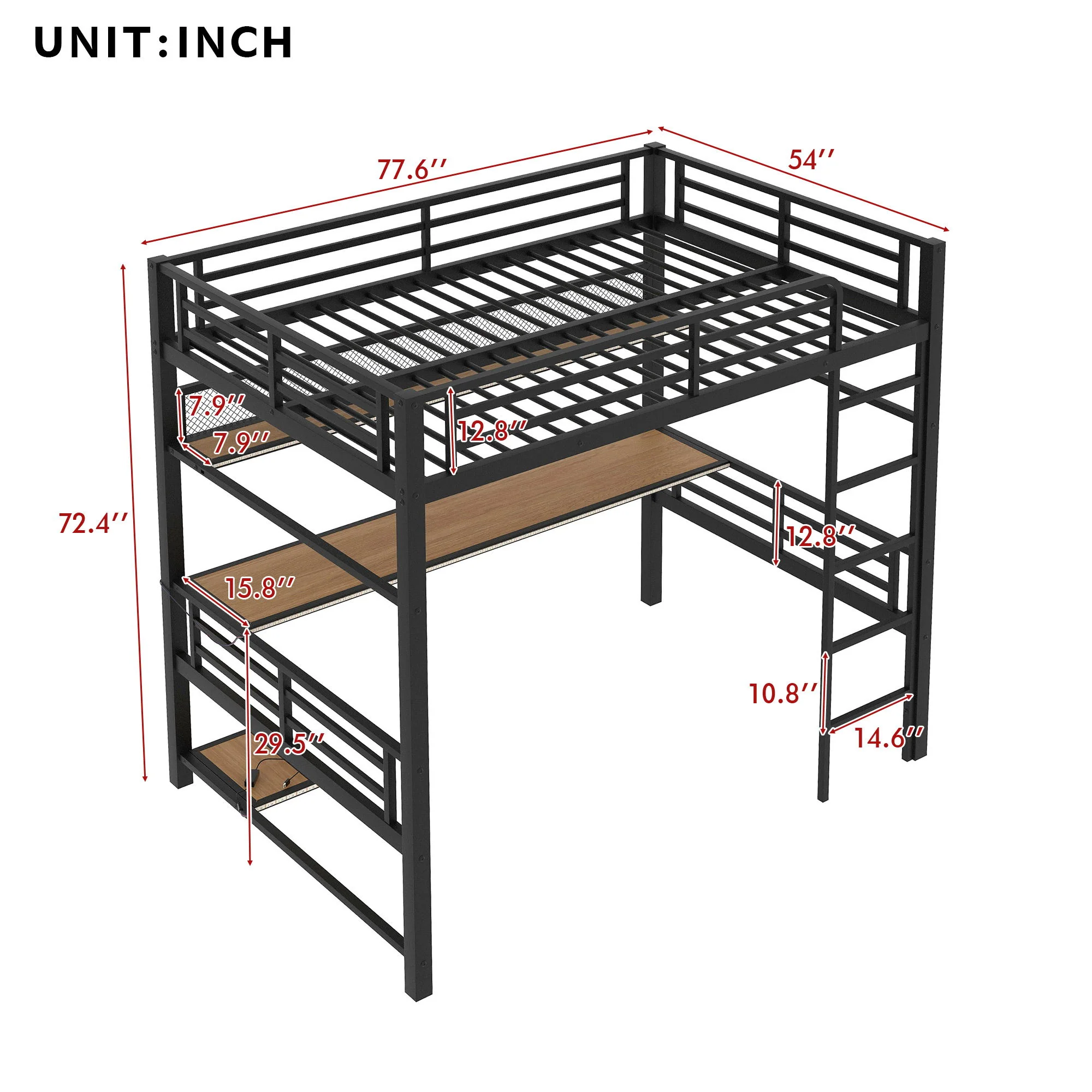 Full Size Loft Bed Frame With Storage Shelf And LED Light - Black - Image 8