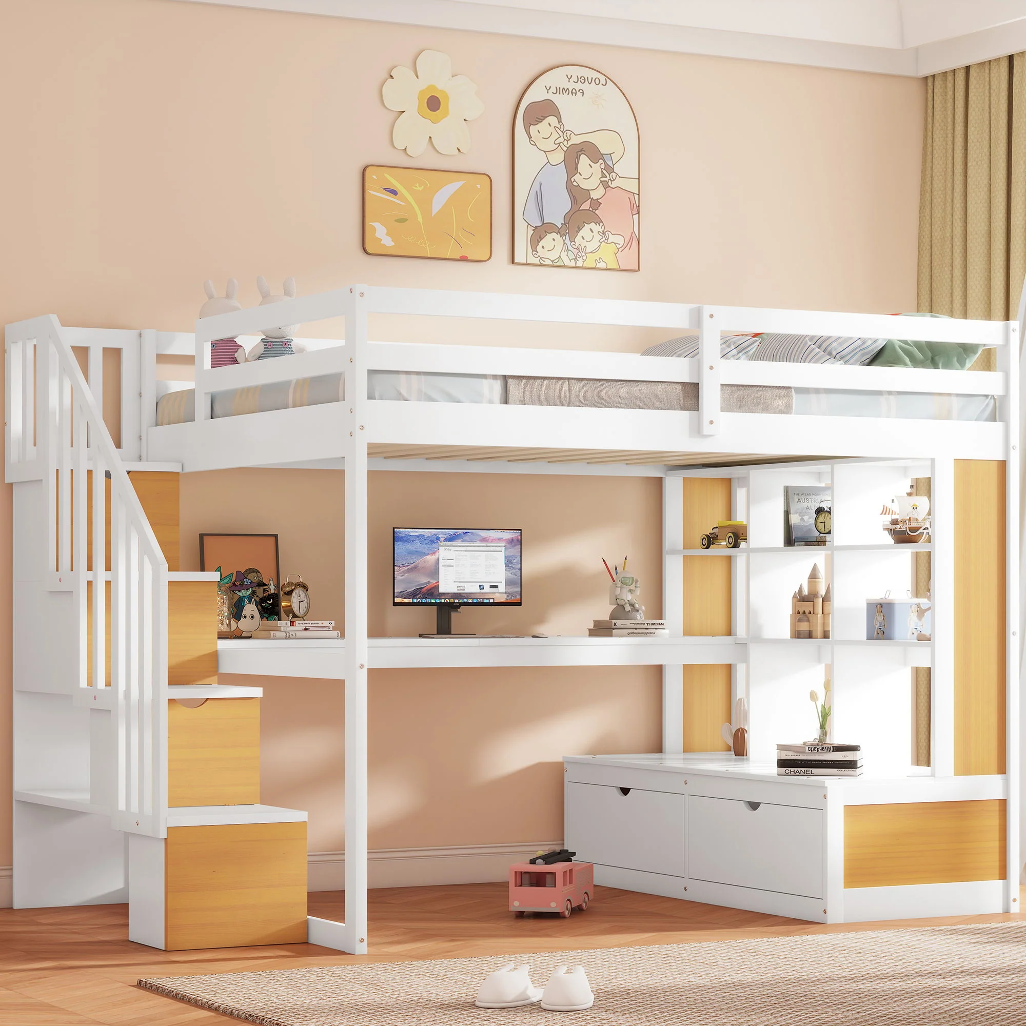 Full Size Loft Bed With Desk And Shelves, 2 Built In Drawers, Storage Staircase - Natural / White - Image 4