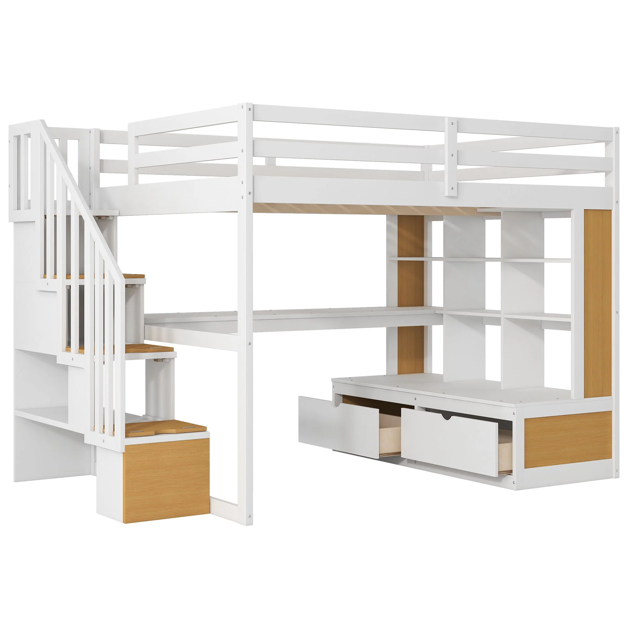 Full Size Loft Bed With Desk And Shelves, 2 Built In Drawers, Storage Staircase - Natural / White - Image 5