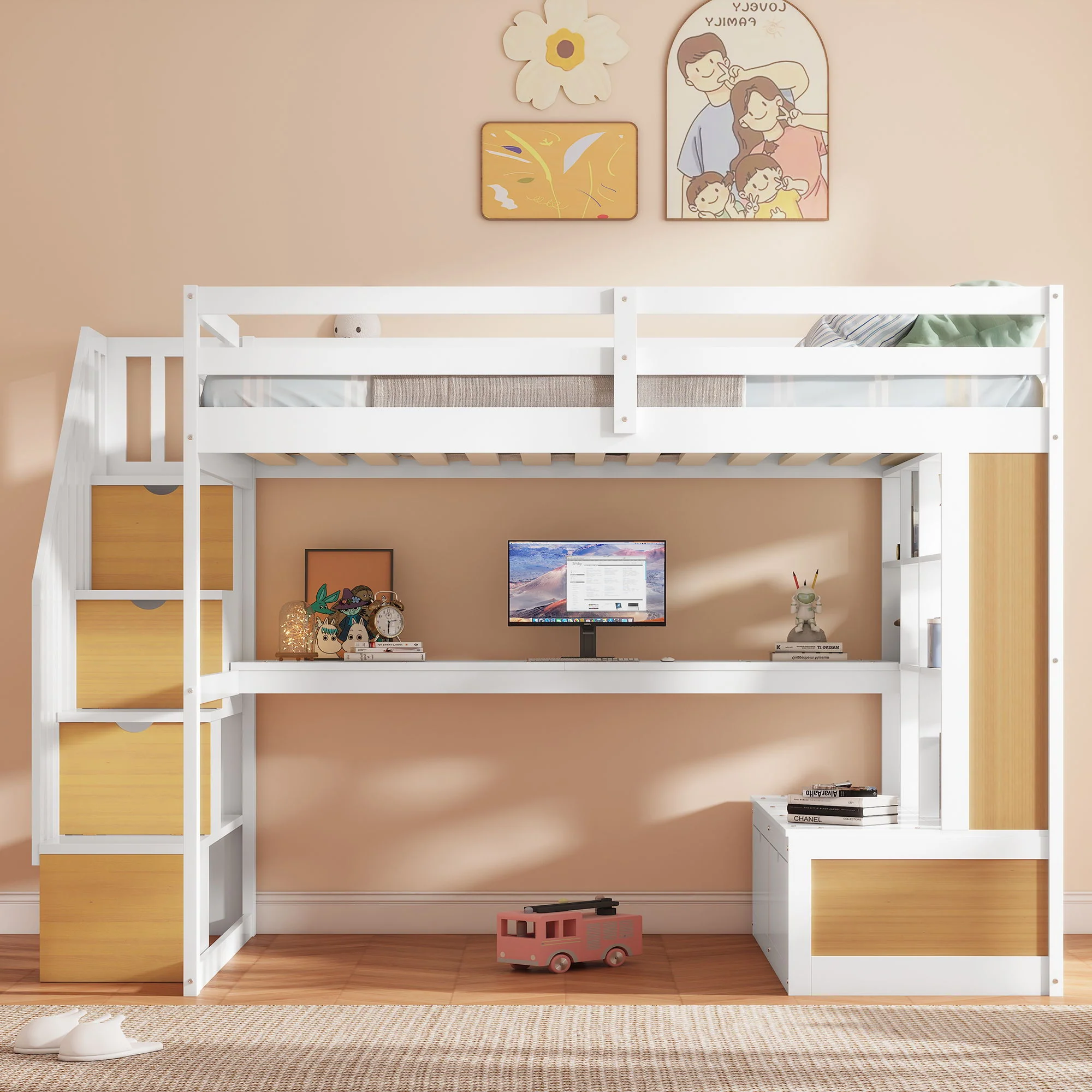 Full Size Loft Bed With Desk And Shelves, 2 Built In Drawers, Storage Staircase - Natural / White - Image 9