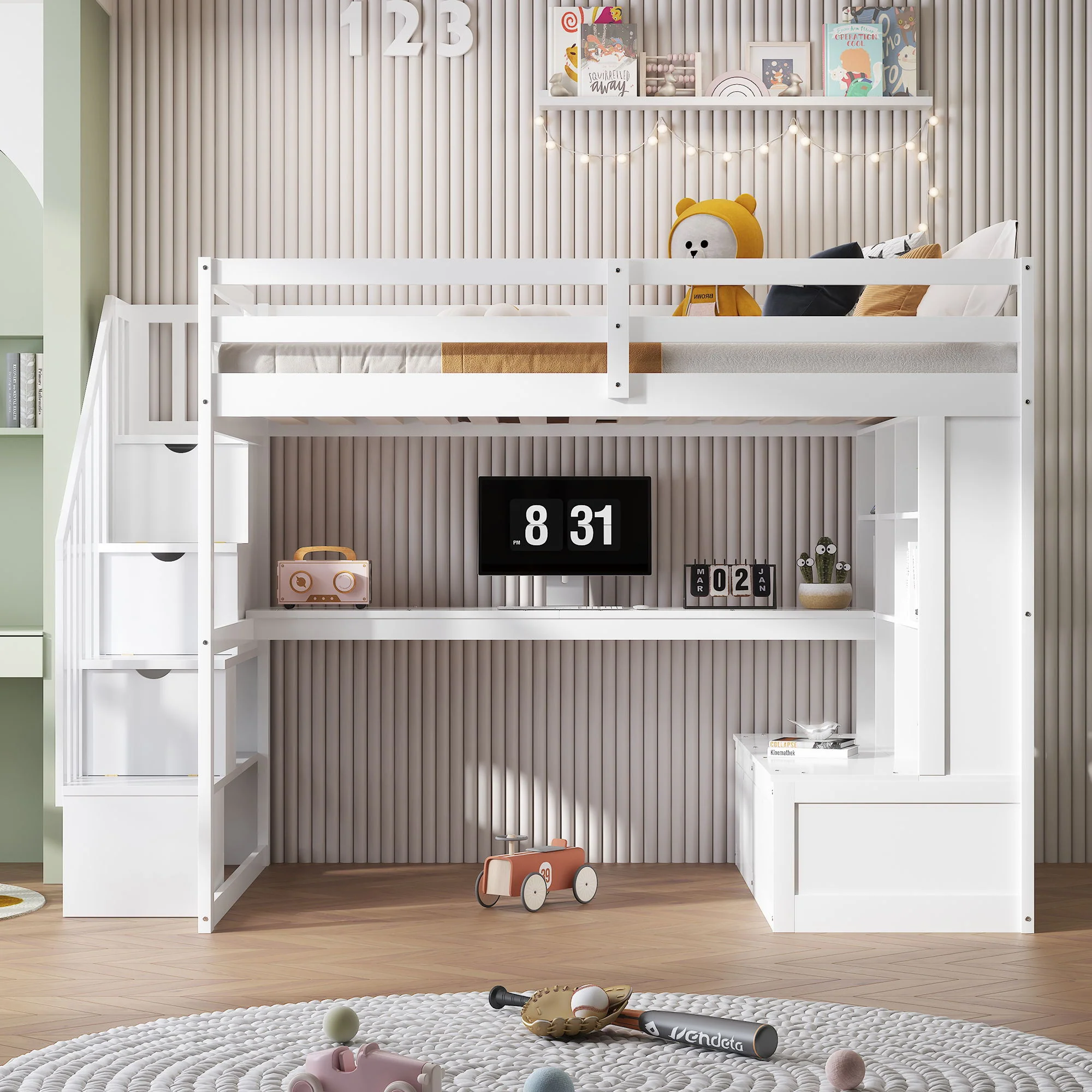 Full Size Loft Bed With Desk And Shelves, 2 Built In Drawers, Storage Staircase - White - Image 9