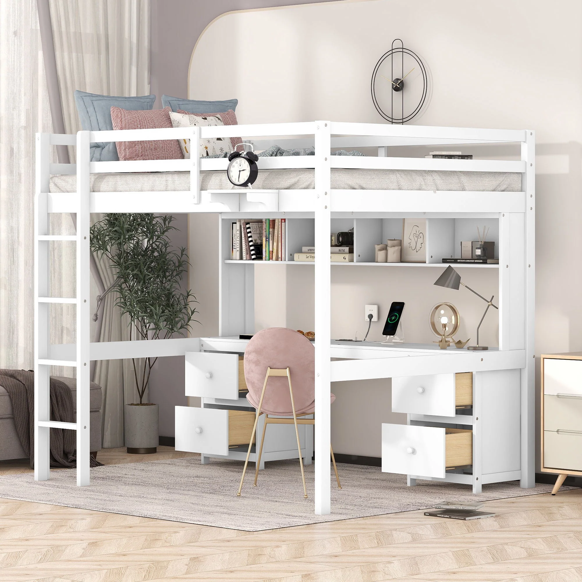 Full Size Loft Bed With Desk, Cabinets, Drawers, Charging Station And Bedside Tray, Sturdy Frame, No Box Spring Required - White - Image 8