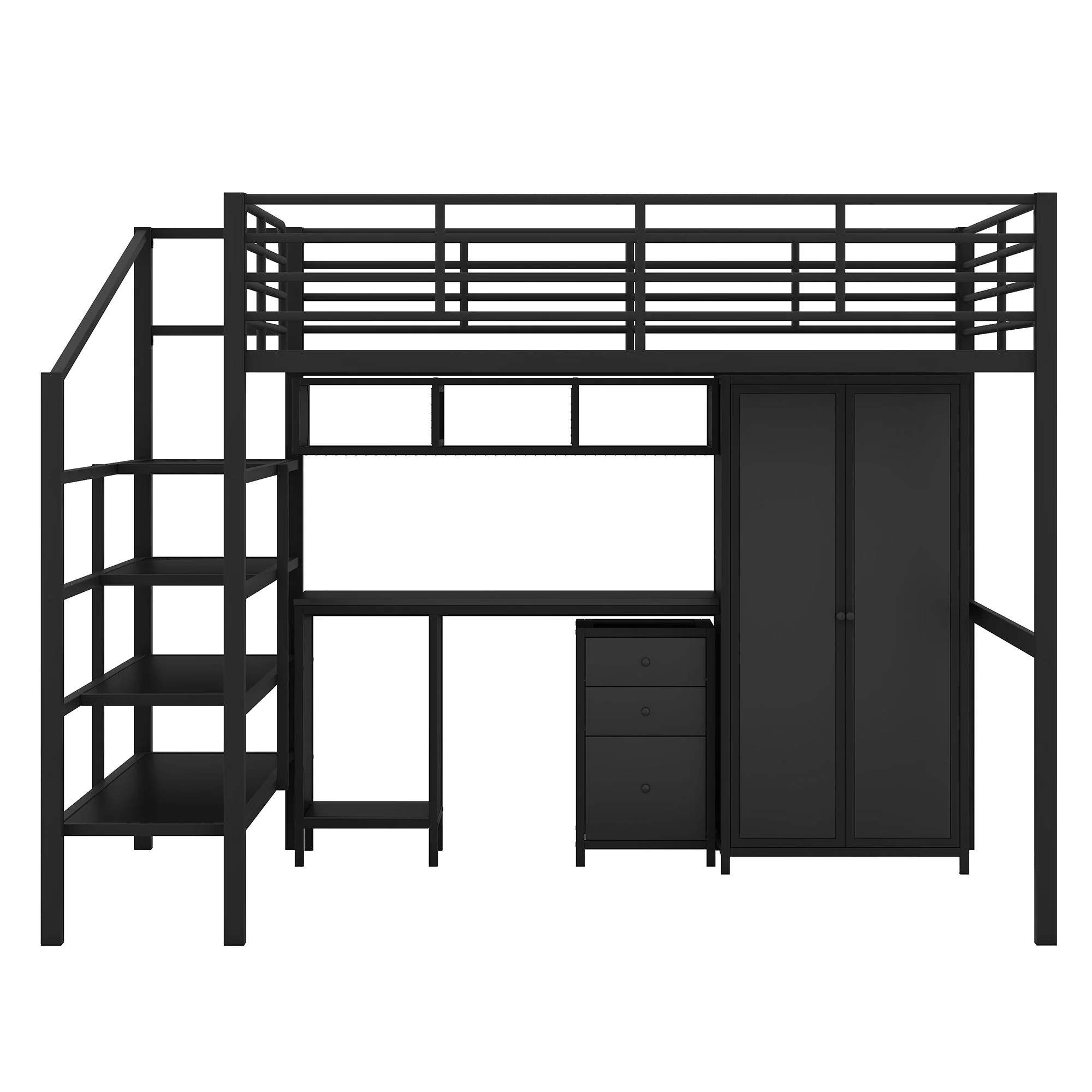 Full Size Loft Bed With Desk Set And Wardrobe - Black - Image 6