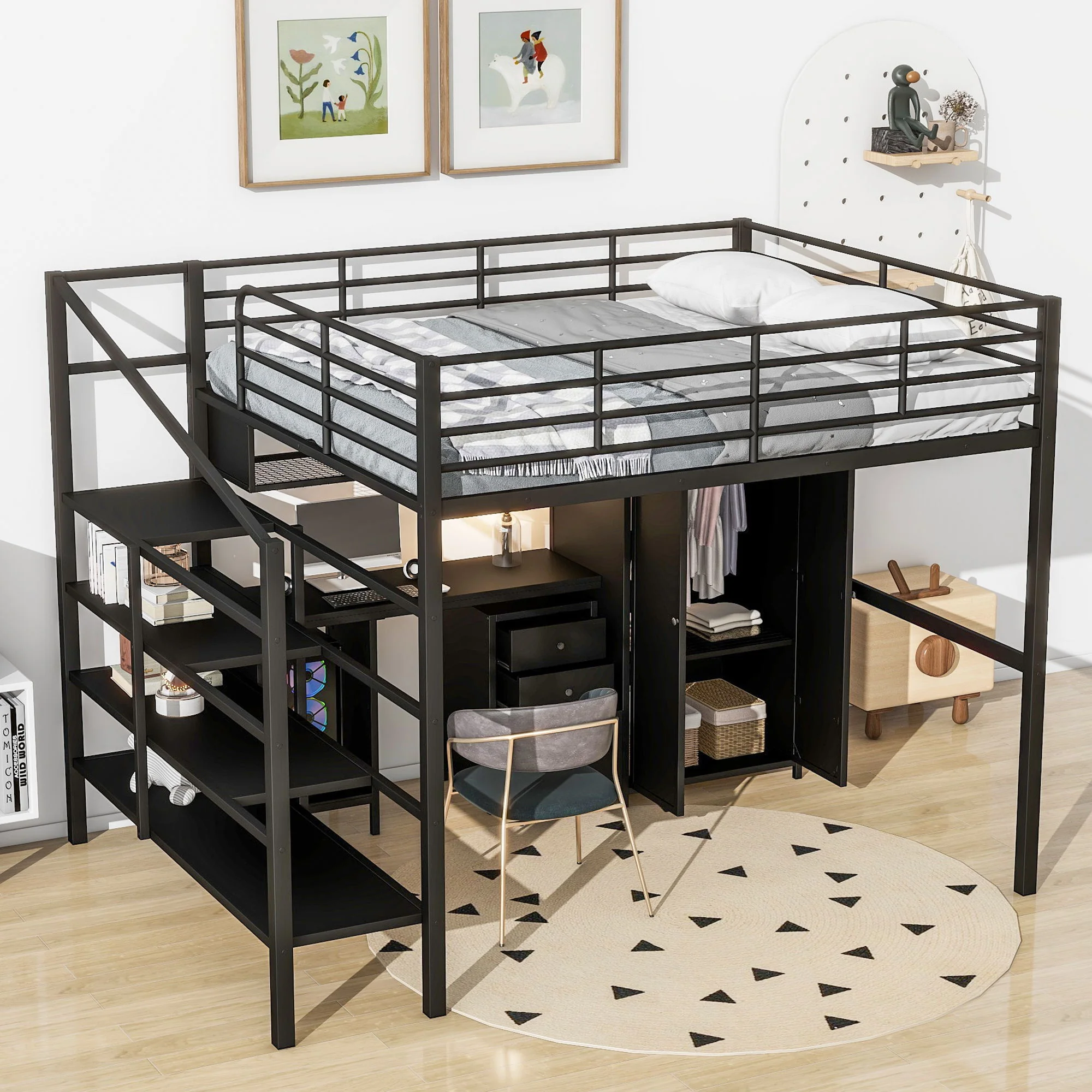 Full Size Loft Bed With Desk Set And Wardrobe - Black - Image 8