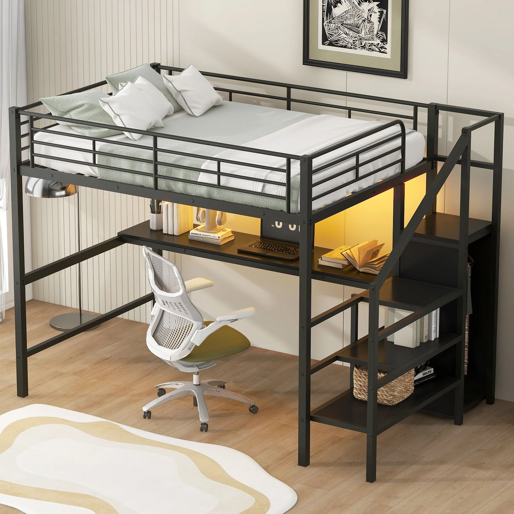 Full Size Loft Bed With Desk, Storage Staircase, Small Wardrobe And LED Light - Black - Image 3