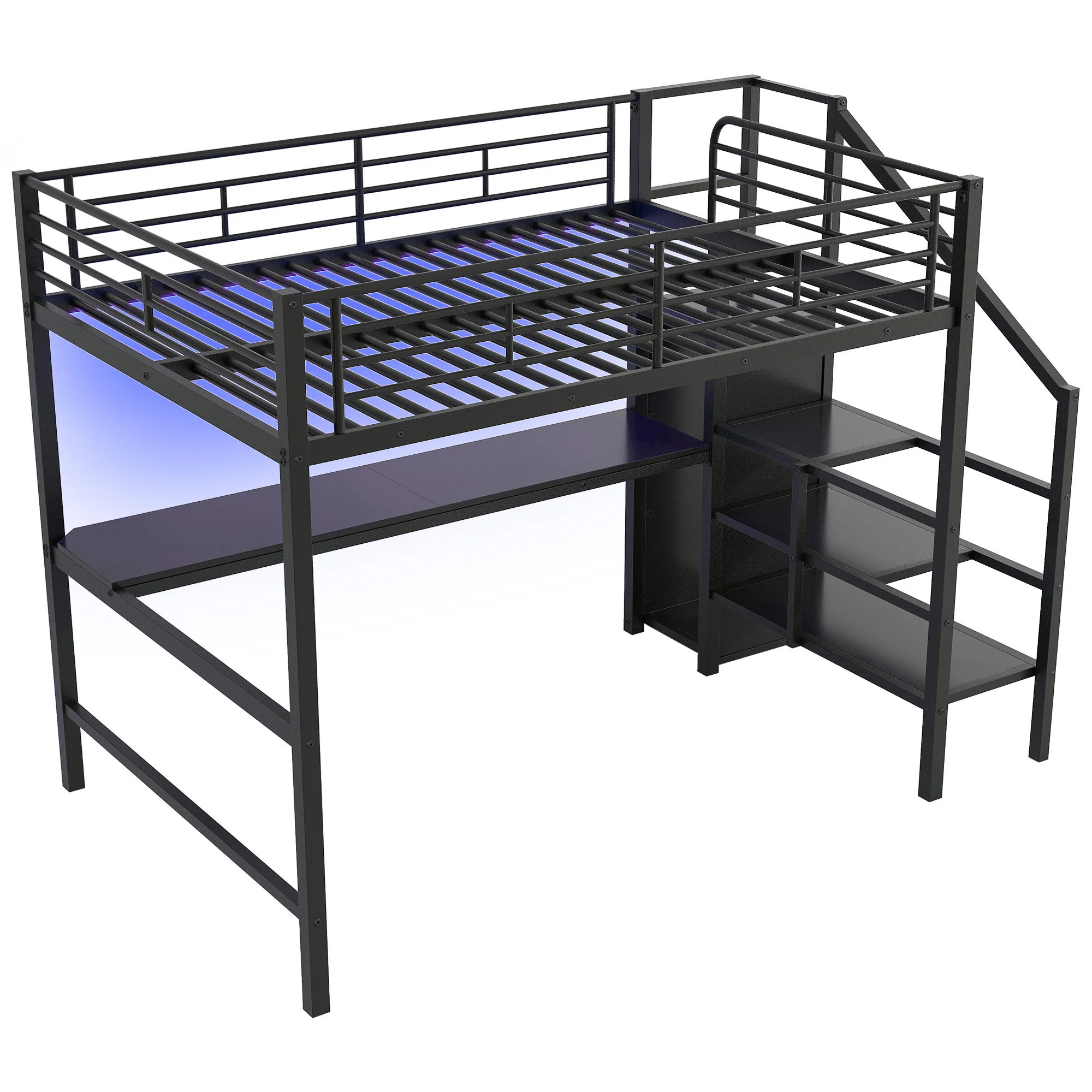 Full Size Loft Bed With Desk, Storage Staircase, Small Wardrobe And LED Light - Black - Image 7