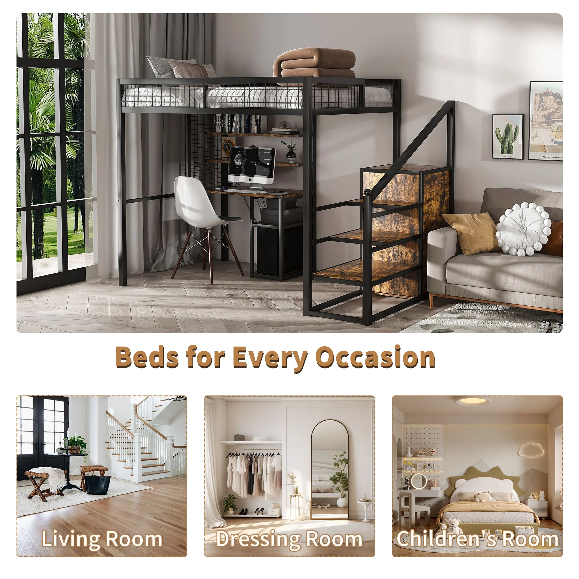 Full Size Loft Bed With Desk & Wardrobe Heavy Frame, Built In Staircase, Storage Rack & Shelves Gaming Bed - Black - Image 9