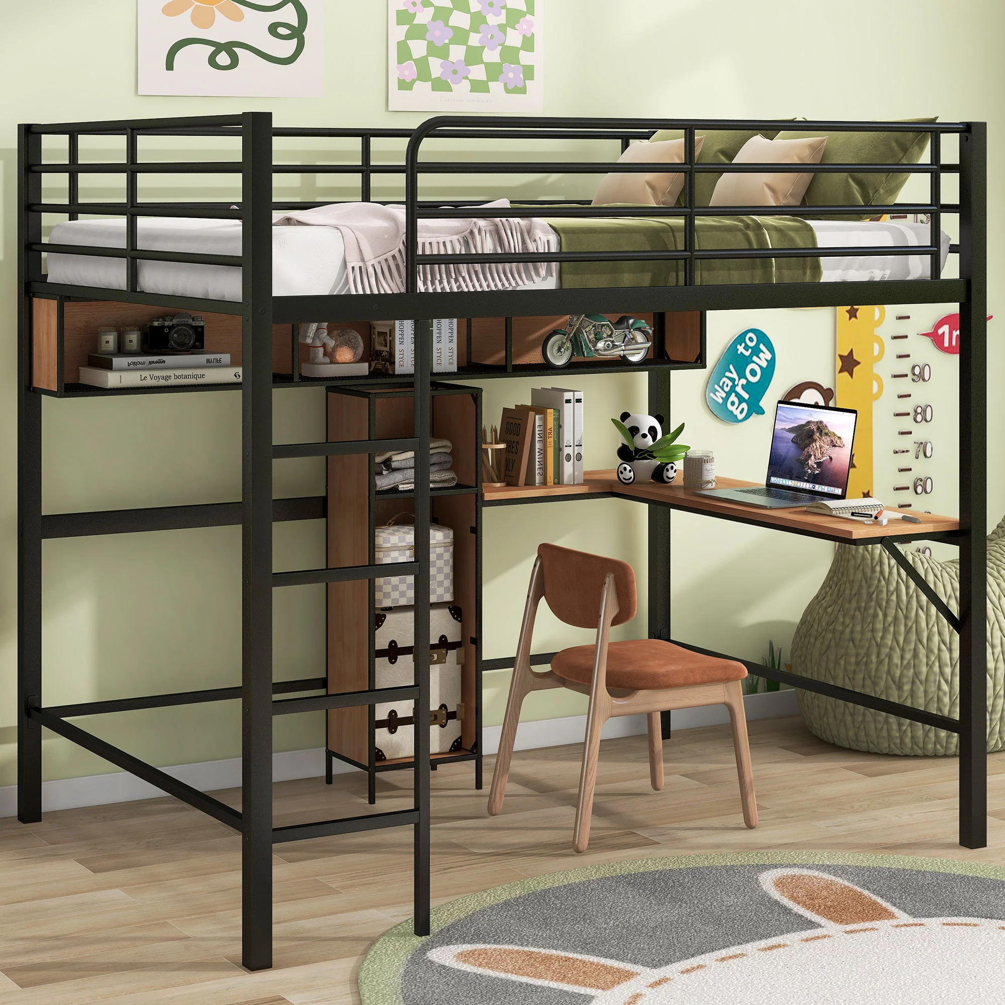 Full Size & Loft Bed With L-Shaped Desk And Shelves - Black - Image 7