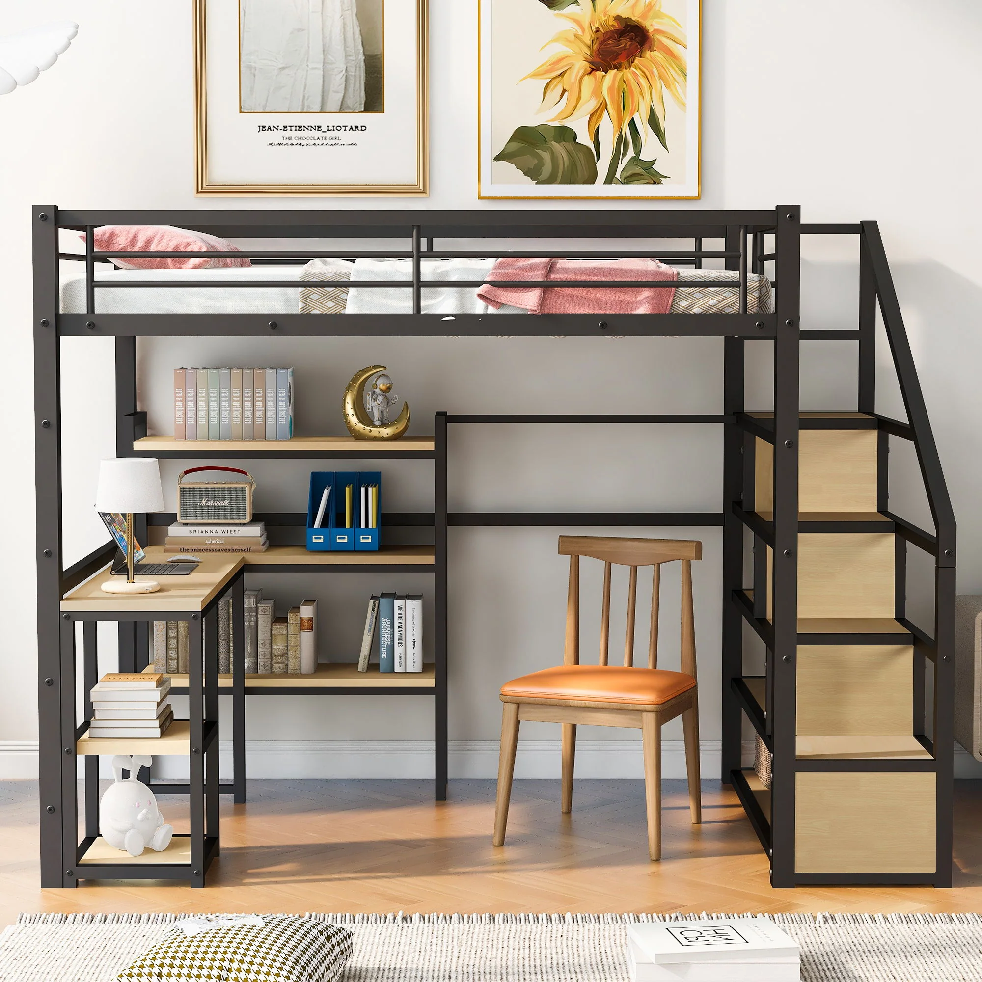 Full Size Loft Bed With Staircase, Built In Desk And Shelves And Sleeping Surface - Black - Image 5