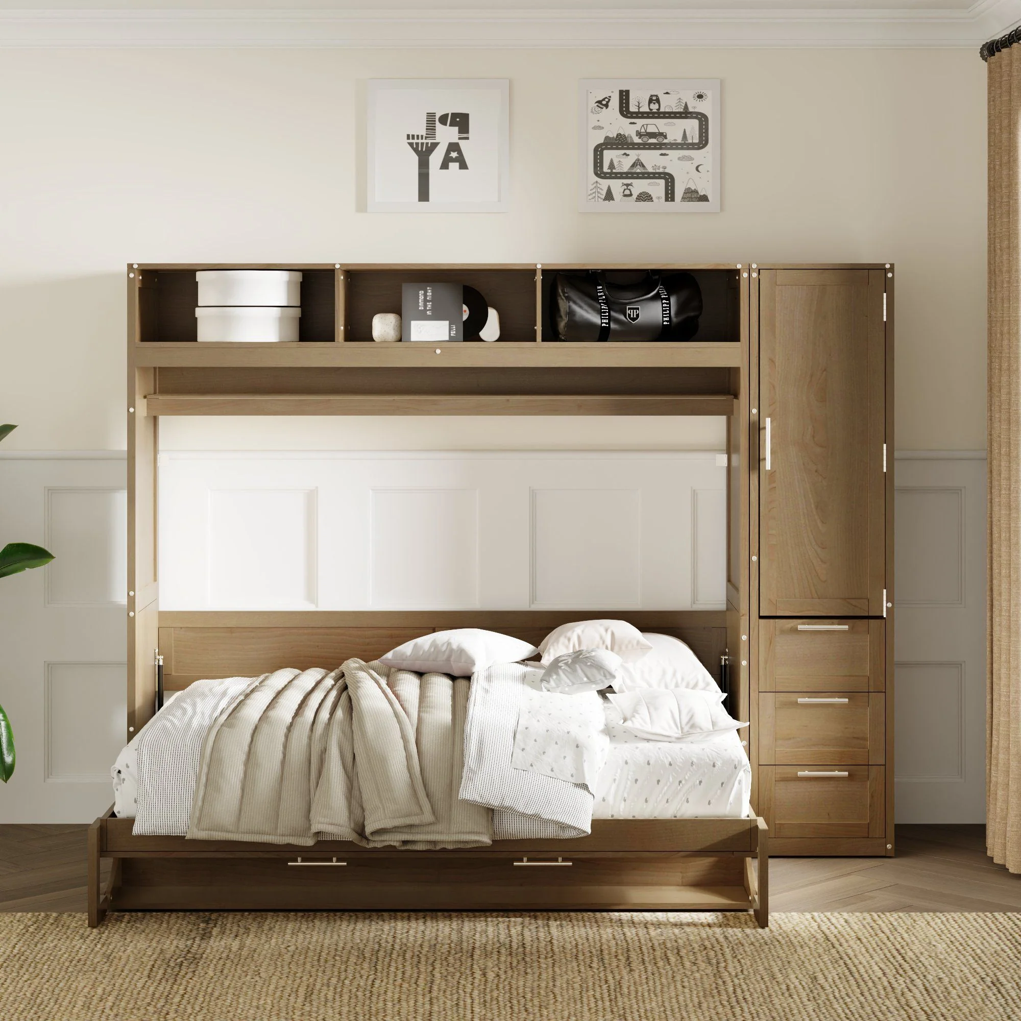 Full Size Murphy Bed With Wardrobe, Drawers, And Open Shelves - Wood - Image 6