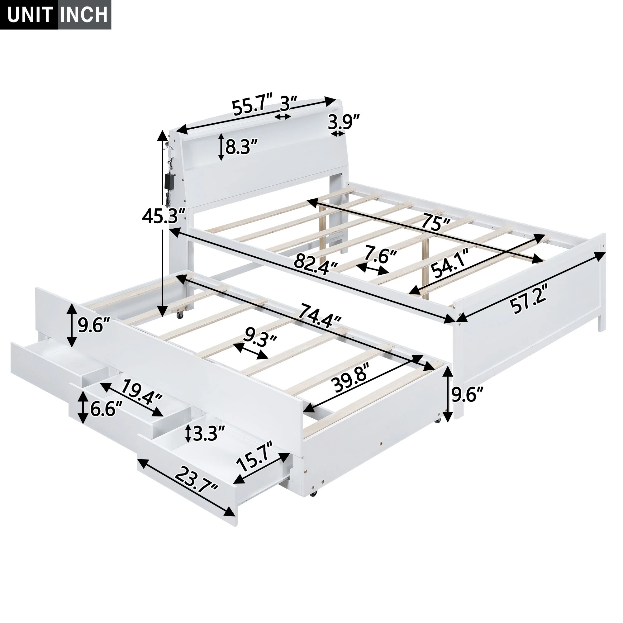 Full Size Platform Bed With Storage LED Headboard, Twin Trundle And 3 Drawers - White - Image 5