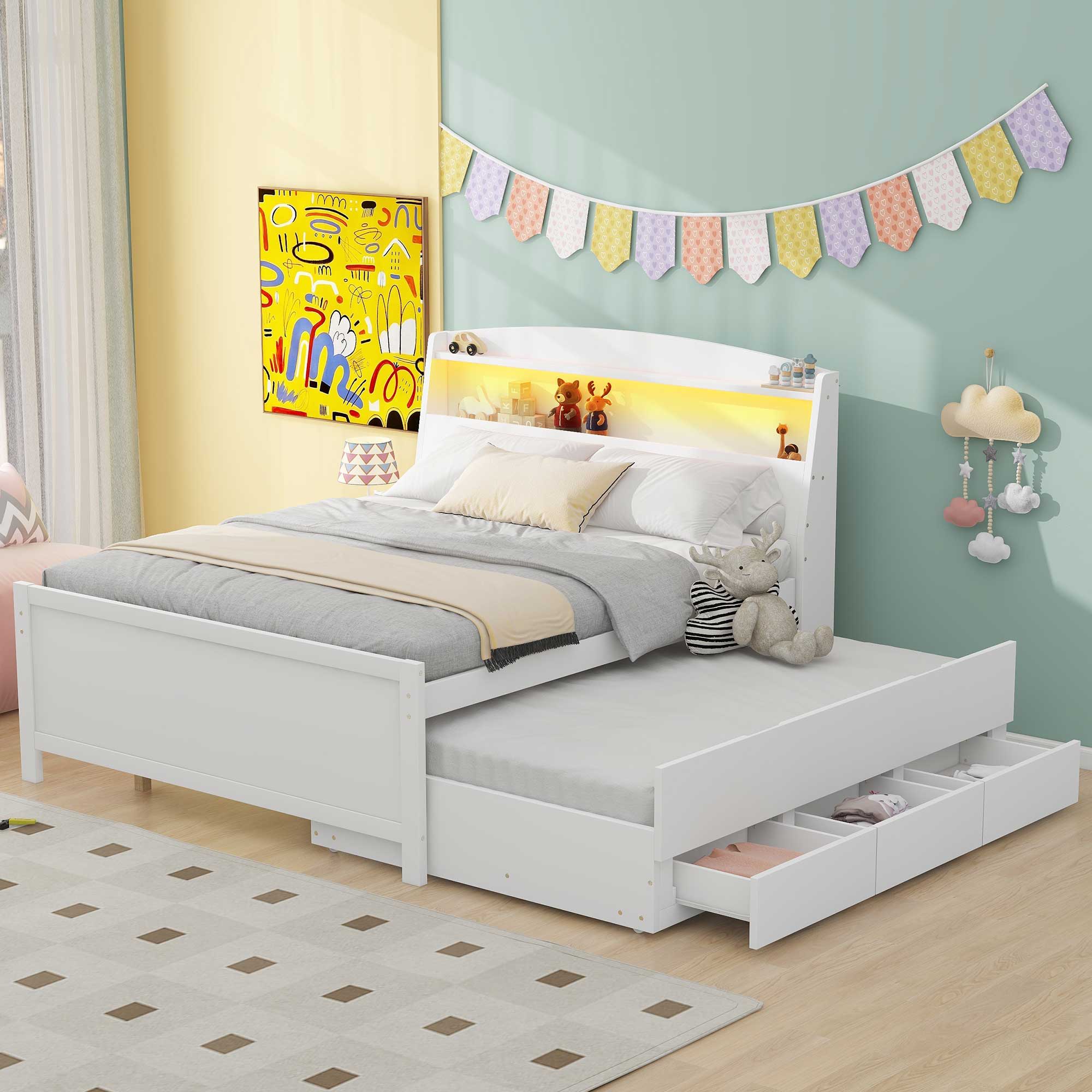 Full Size Platform Bed With Storage LED Headboard, Twin Trundle And 3 Drawers - White - Image 9