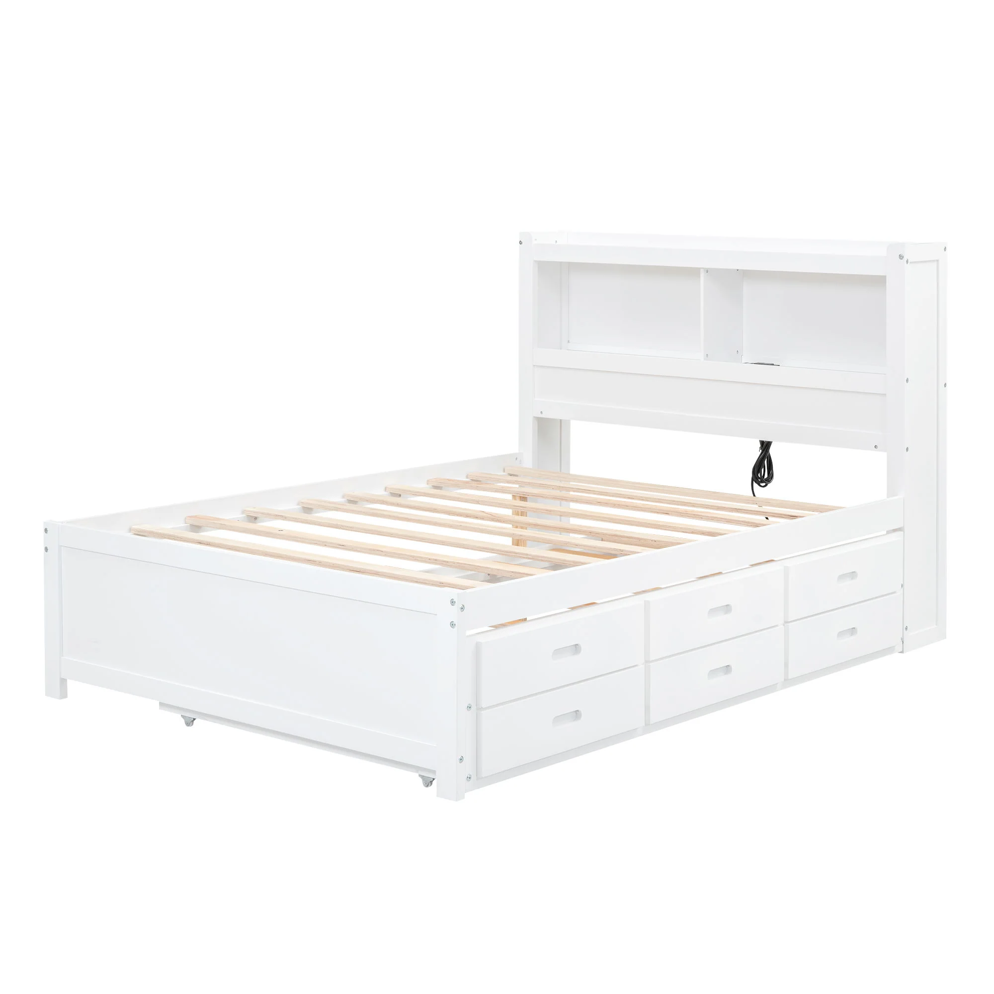 Full Size Platform Bed With Trundle, Drawers, USB Ports And Built In Shelves - White - Image 6