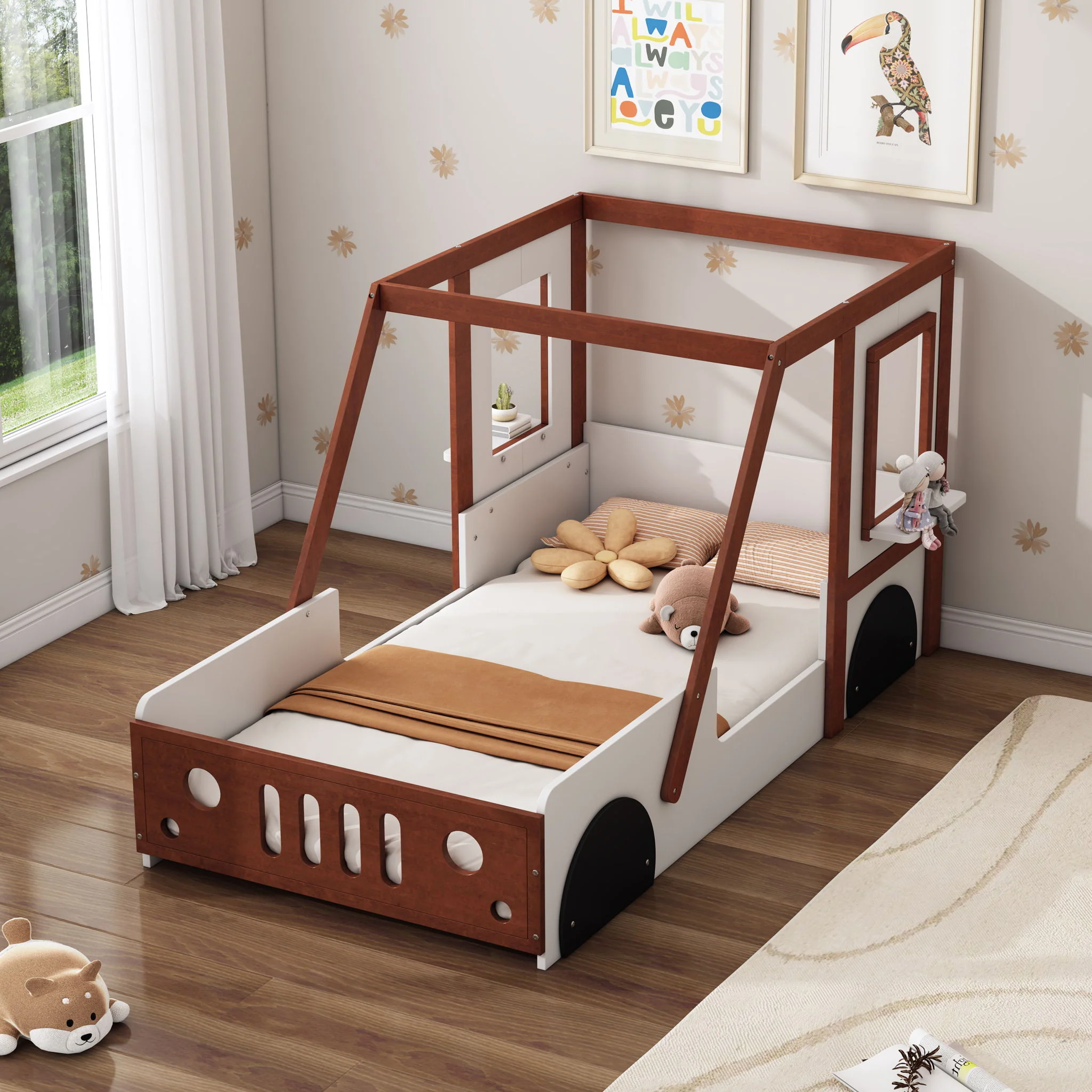 Fun Play Design Twin Size Car Bed, Kids Platform Bed In Car Shaped For Kids Boys Girls Teens - White / Orange - Image 8