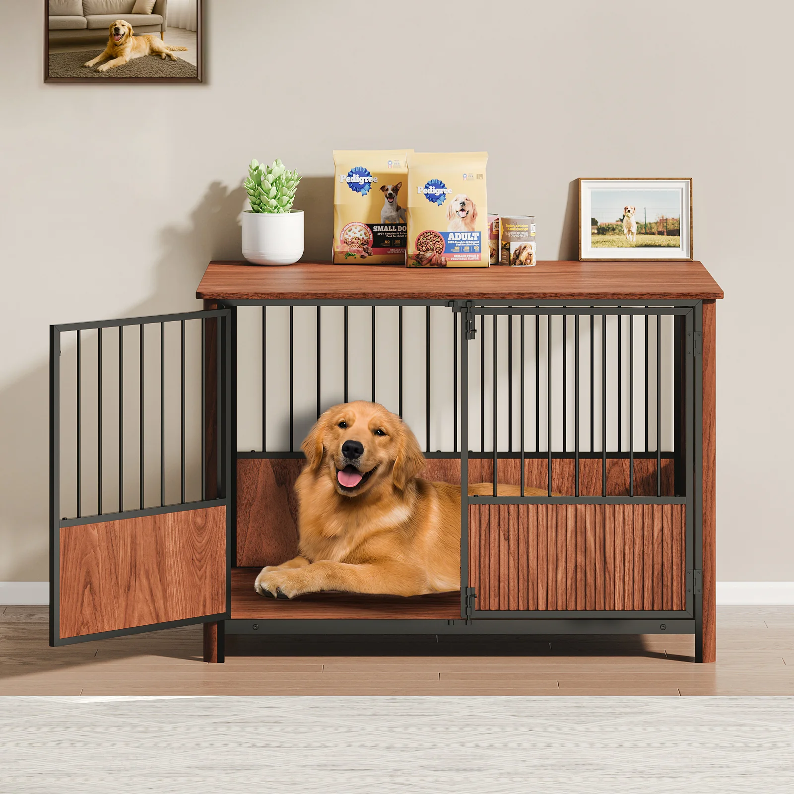 Furniture Dog Crate 43" Triple-Door Wood Kennel Walnut Finish - Image 14