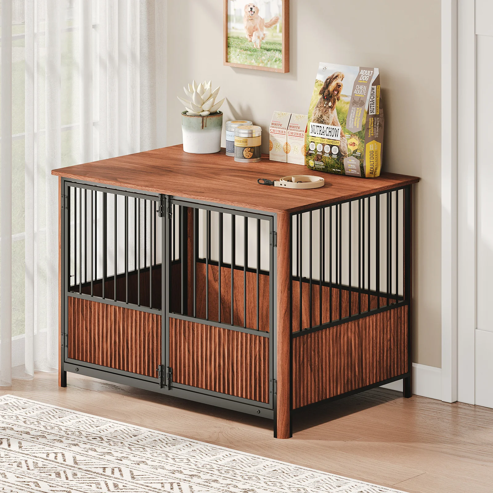Furniture Dog Crate 43" Triple-Door Wood Kennel Walnut Finish - Image 15