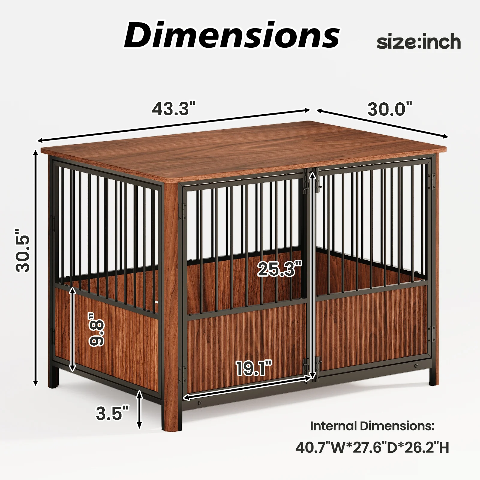 Furniture Dog Crate 43" Triple-Door Wood Kennel Walnut Finish - Image 17