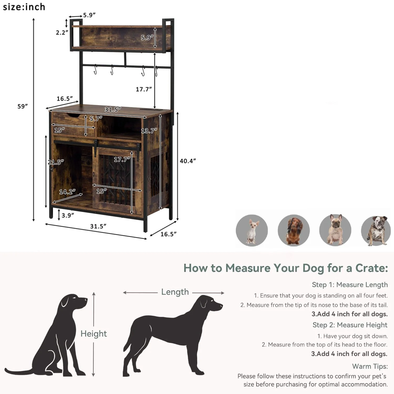 Furniture Style 2 In 1 Pet Friendly Dog Crate Composite Desk Hutch - Rustic Brown - Image 7