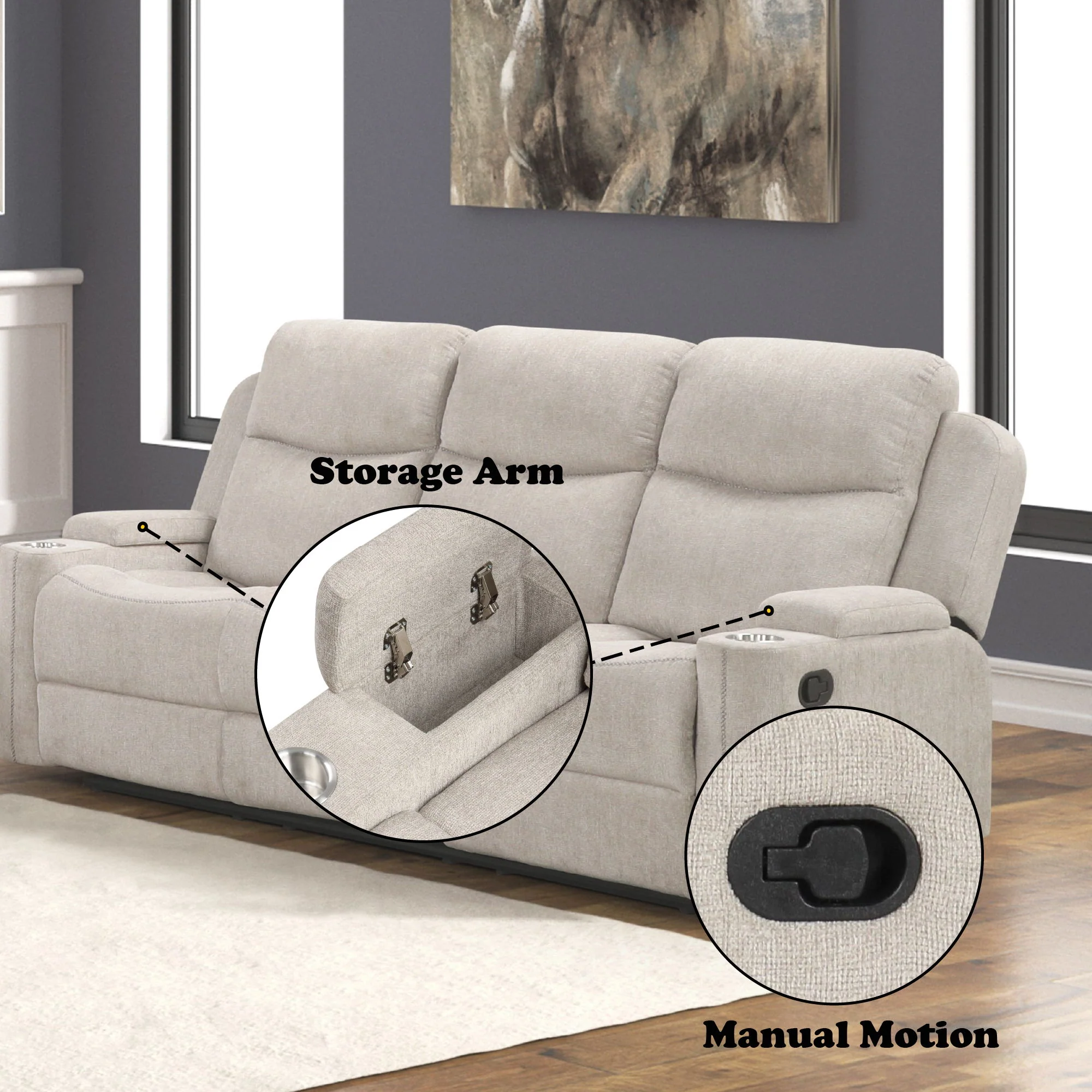 Galya - 3 Piece Living Room Set Sofa Loveseat Chair - Light Gray - Image 6