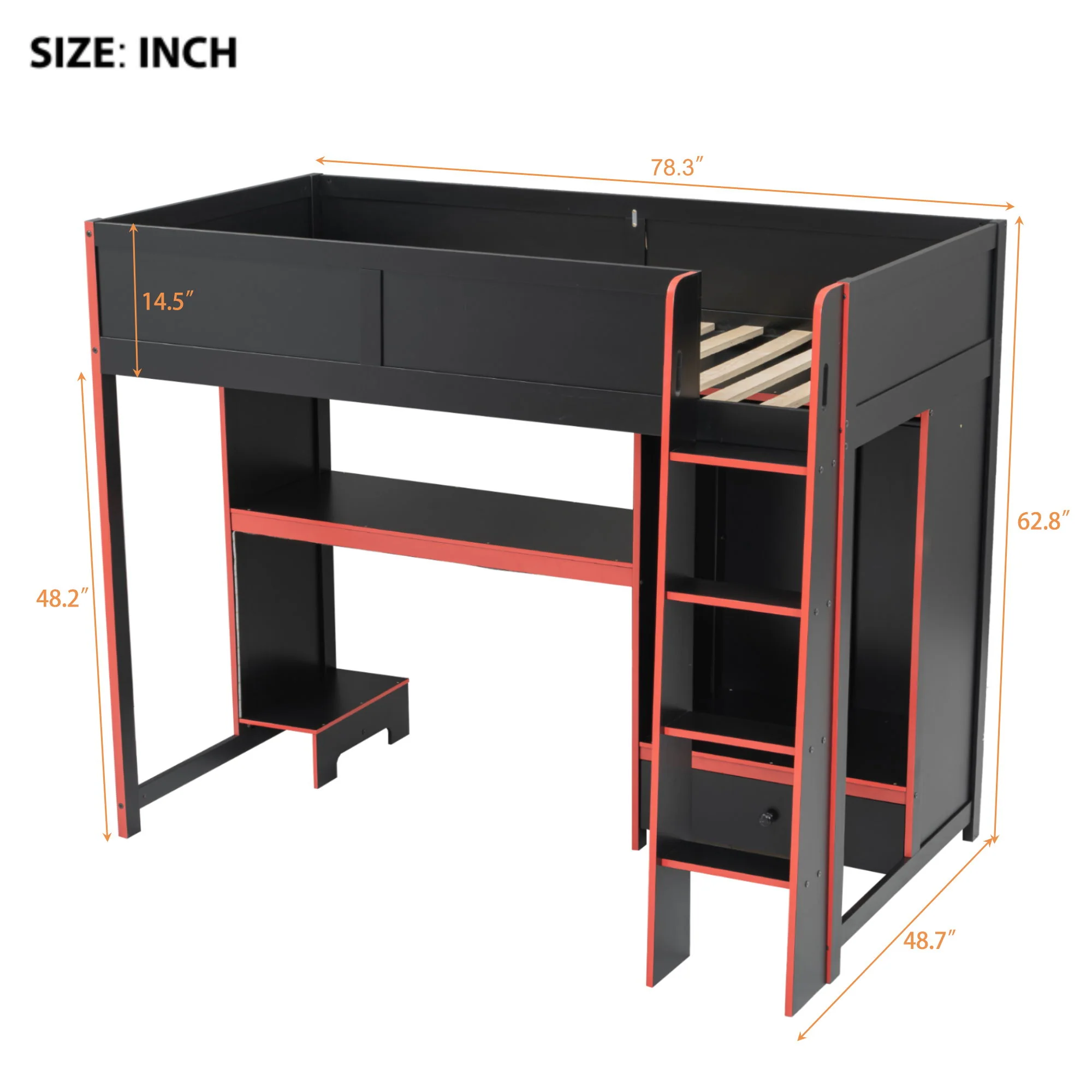 Gaming Loft Bed With Built In Desk, Wardrobe, LED Lighting And Drawer - Image 4