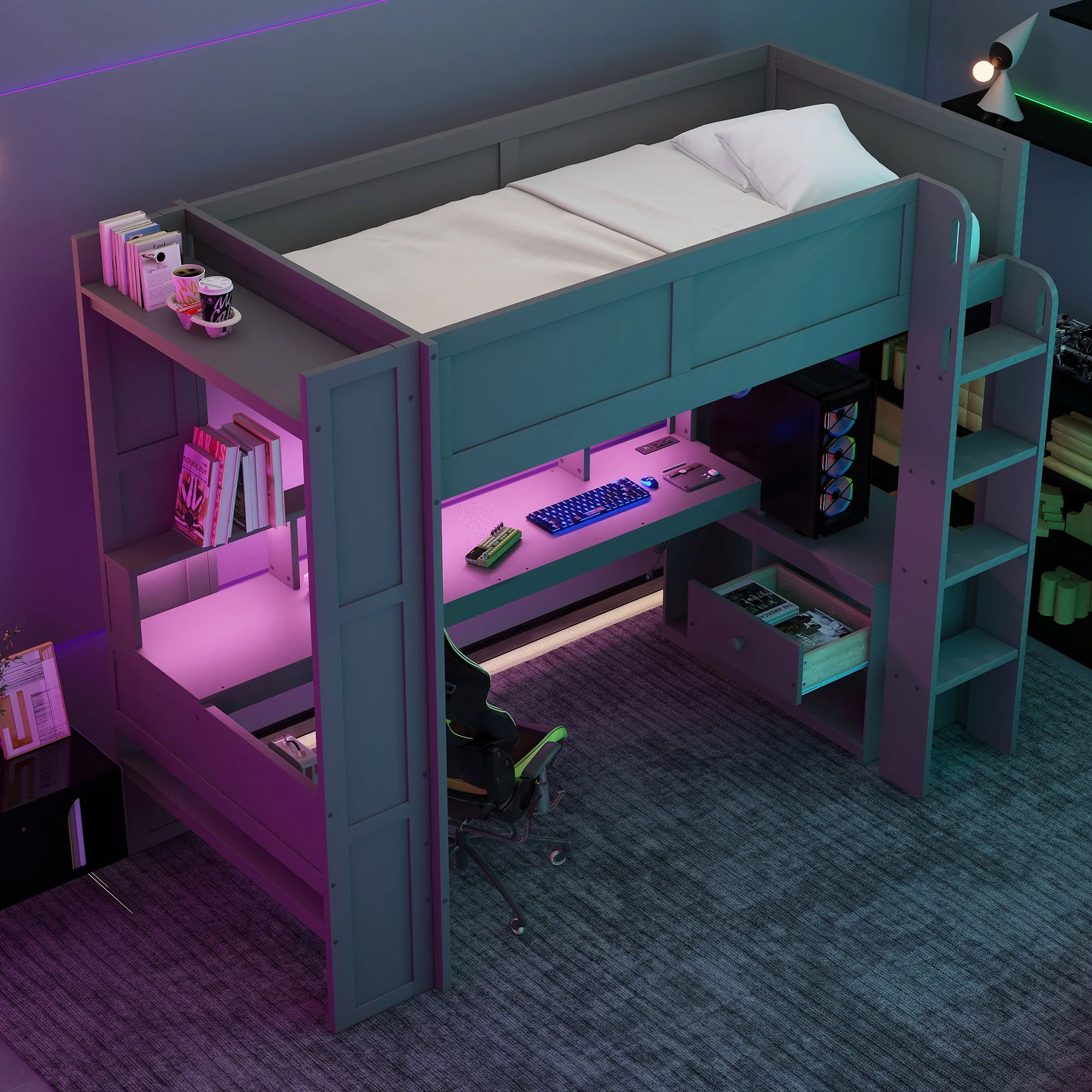 Gaming Loft Bed With Desk, Multi Storage Shelves, LED And Charging Station - Image 6