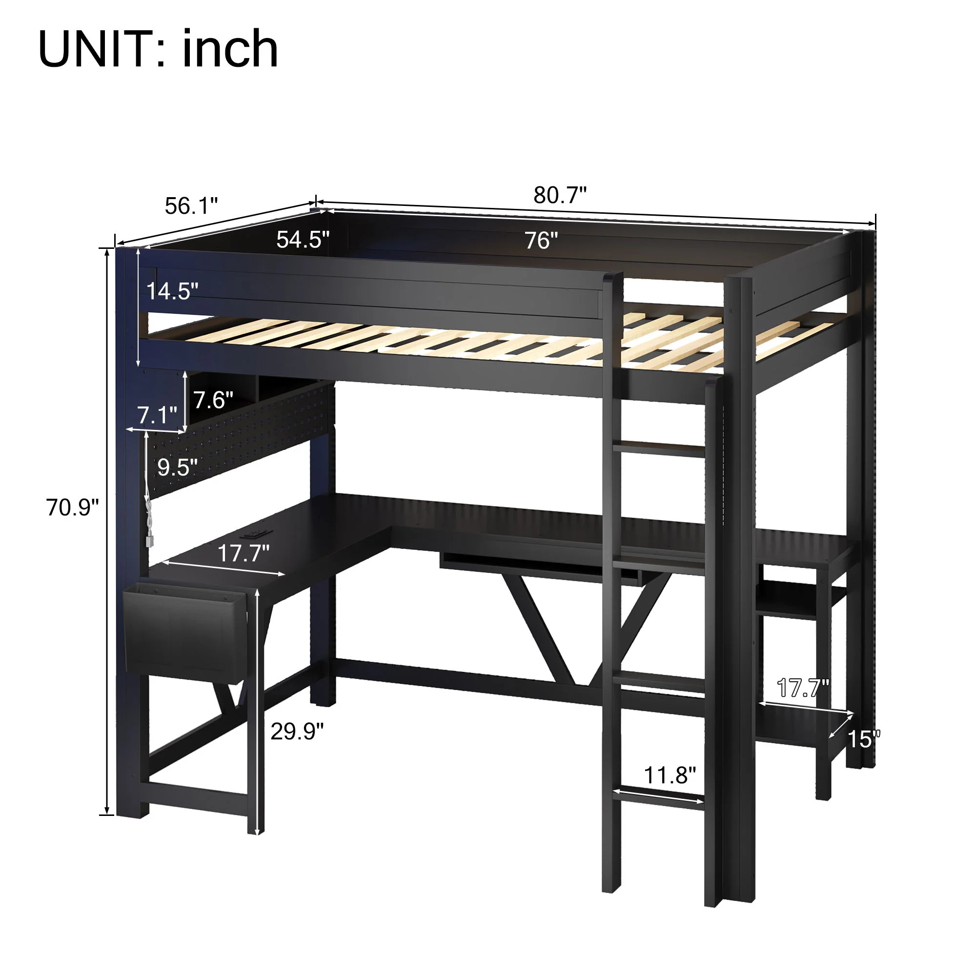 Gaming Loft Bed With Desk, Storage Shelves, LED And Charging Station - Image 12