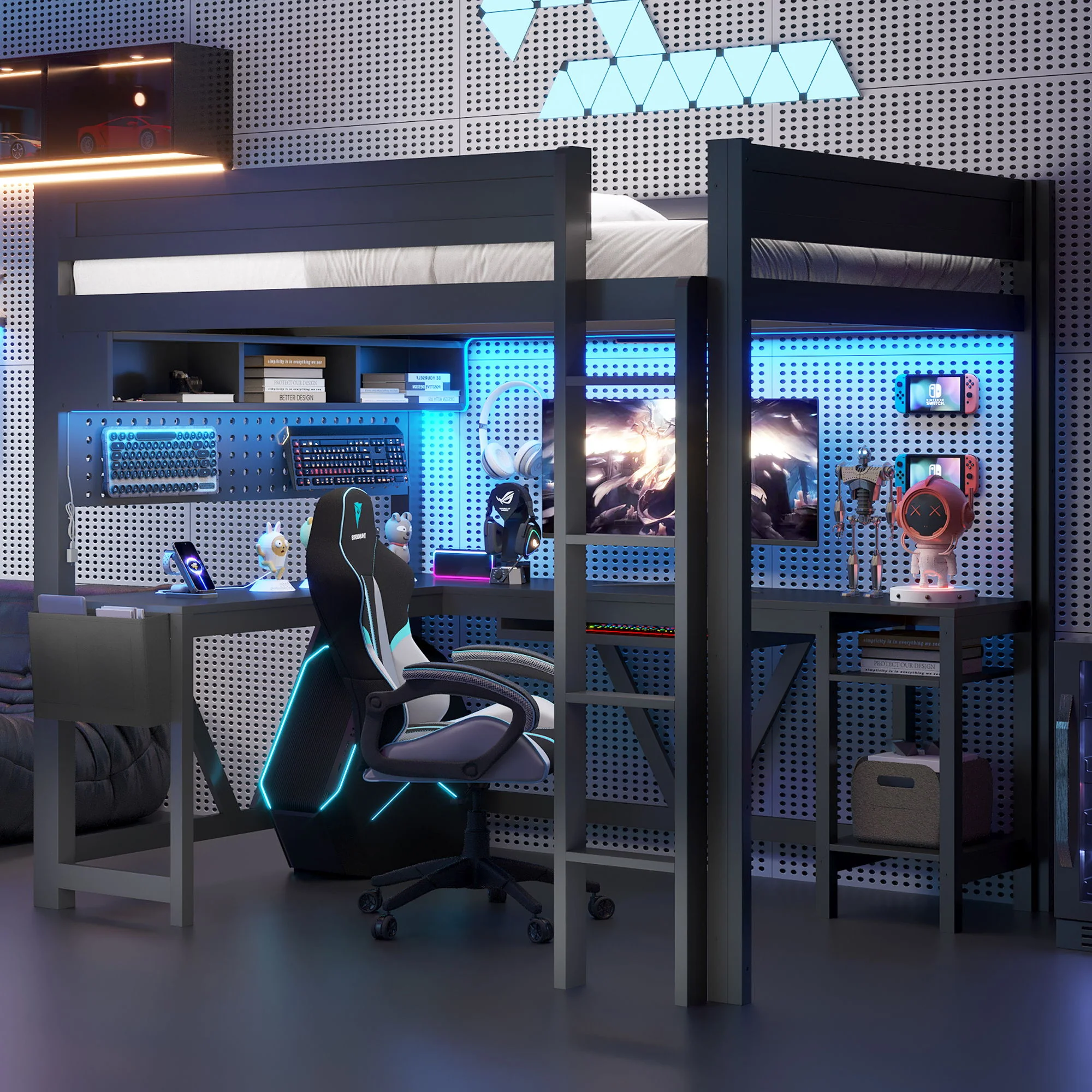 Gaming Loft Bed With Desk, Storage Shelves, LED And Charging Station - Image 4