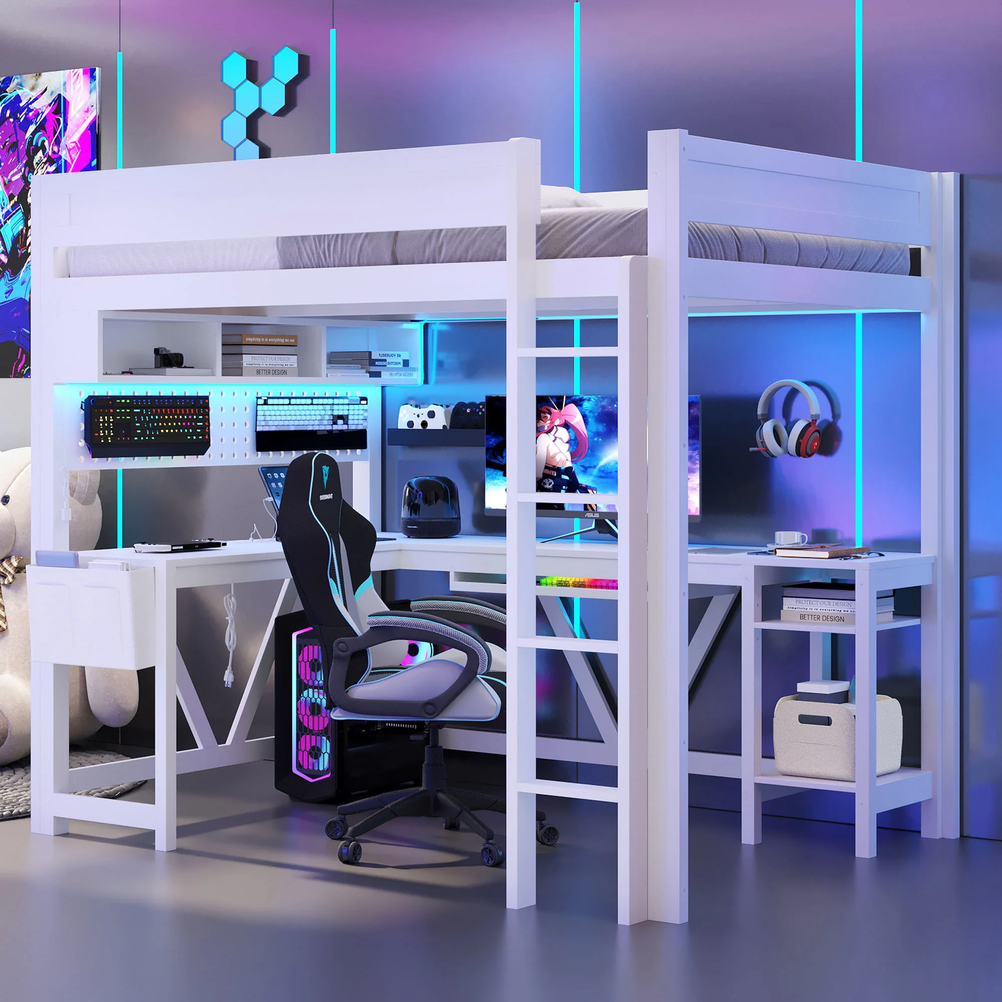 Gaming Loft Bed With Desk, Storage Shelves, LED And Charging Station - Image 8