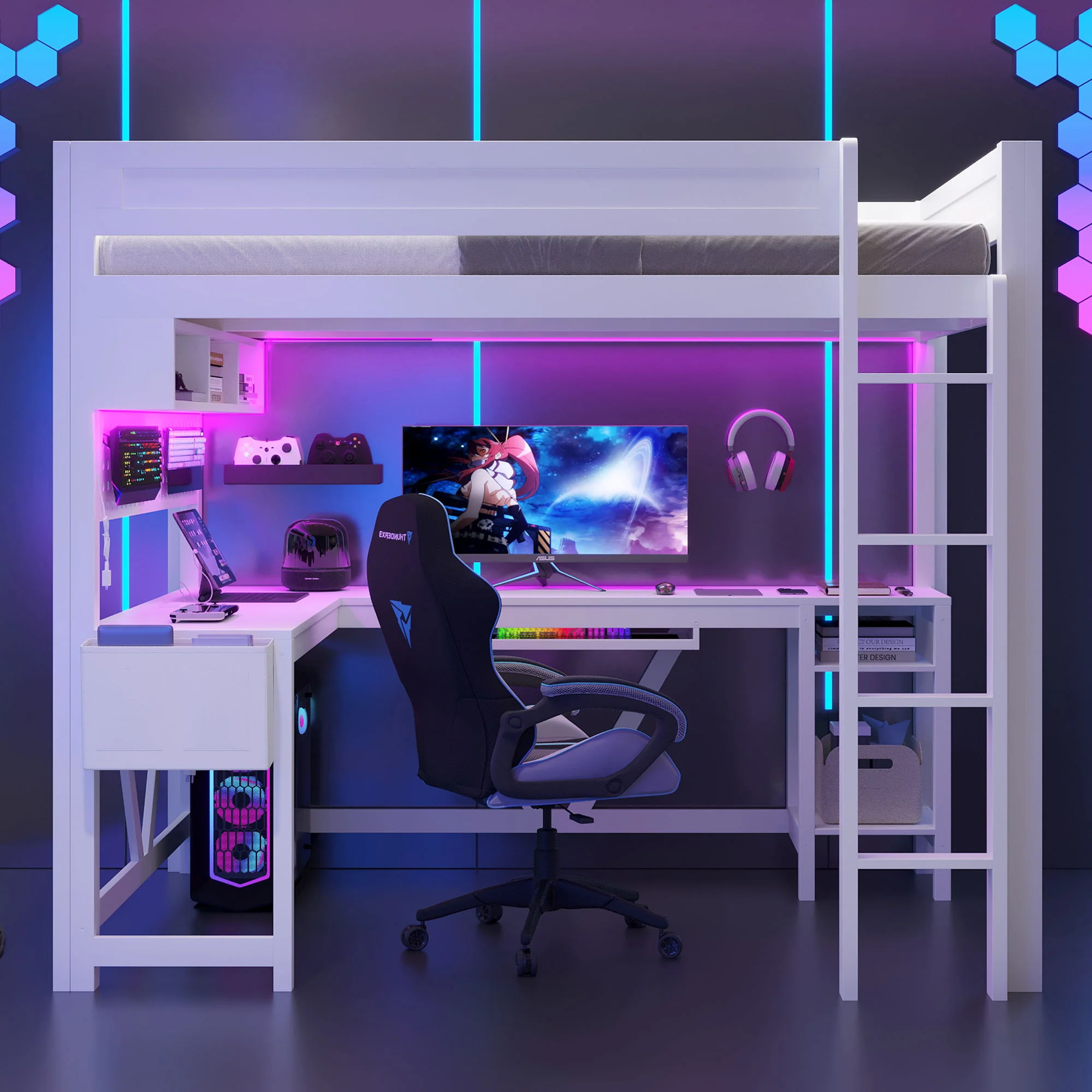Gaming Loft Bed With Desk, Storage Shelves, LED And Charging Station - Image 9