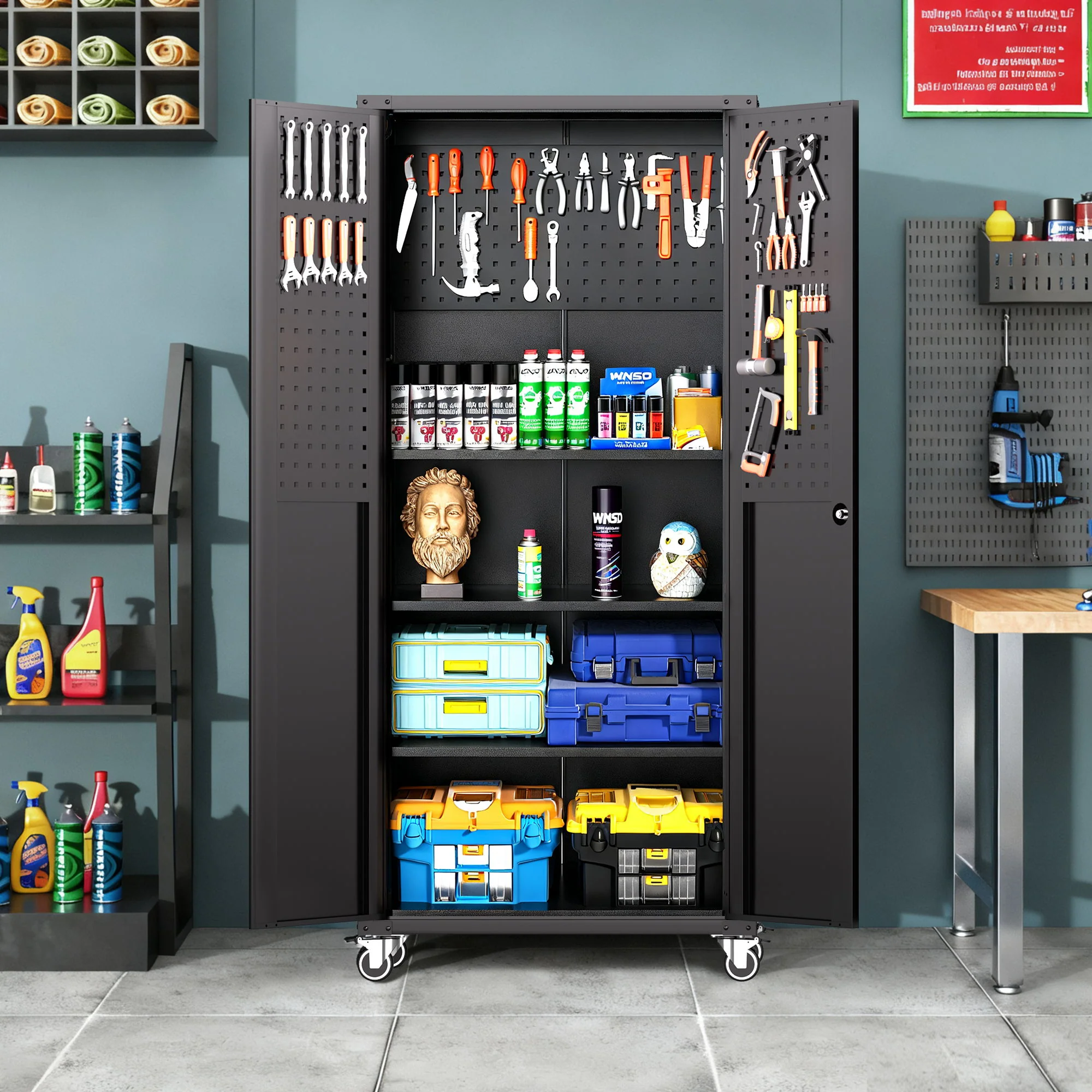 Garage Storage Cabinet With Wheels Heavy-Duty Tool Storage - Black - Image 2