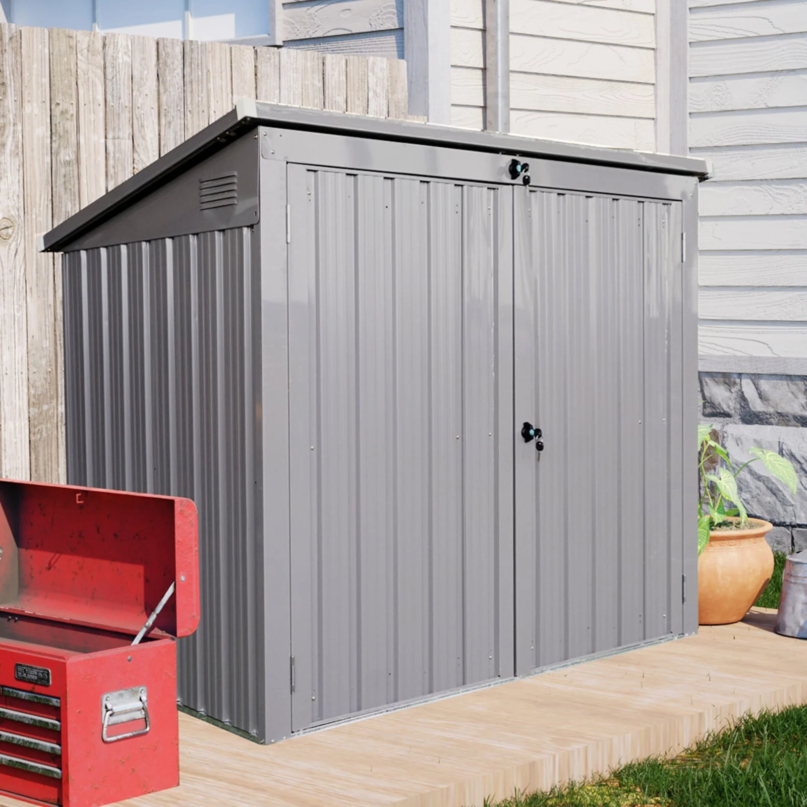 Garbage Bin Shed Trash Can Enclosure Storage Building Steel 62x53in Gray - Image 9