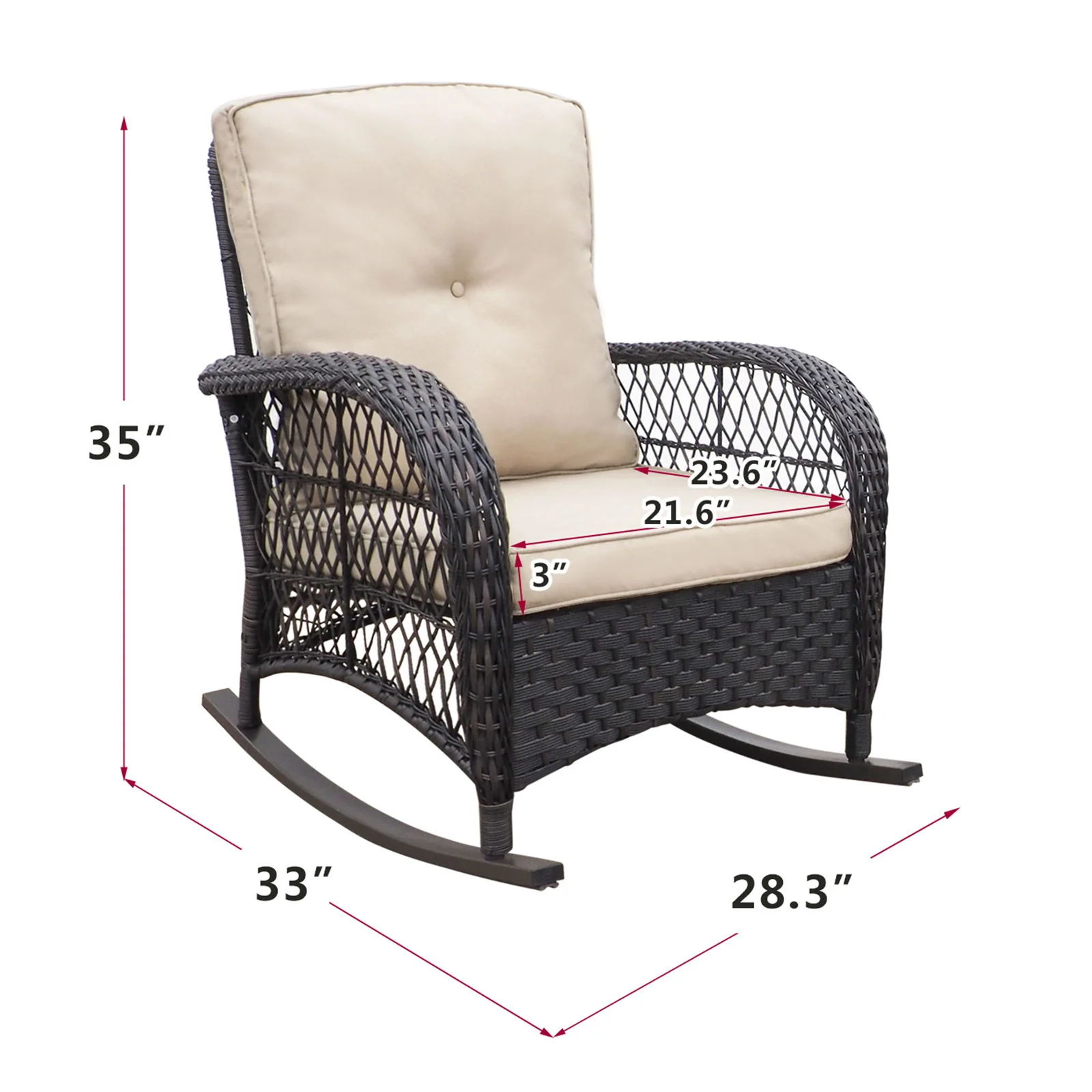 Garden Rocking Chair, Outdoor Rattan Rocker Chair With All-Weather Hand-Woven Resin Wicker, Patio Relaxing Lounge Furniture With Powder-Coated Metal Frame For Backyard, Porch - Brown / Beige - Image 4