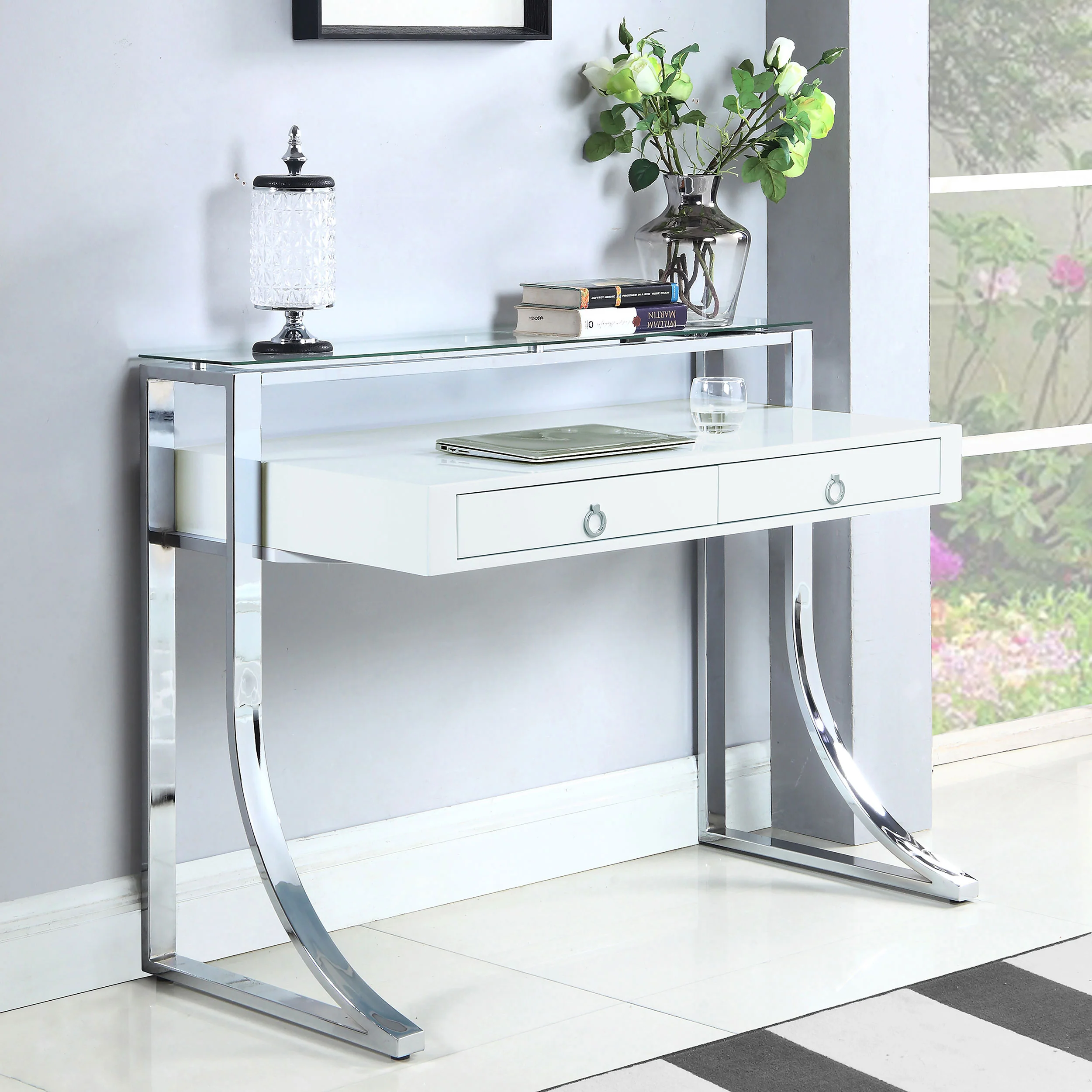 Gemma 48-Inch 2-Drawer Writing Desk, White High Gloss - Image 4