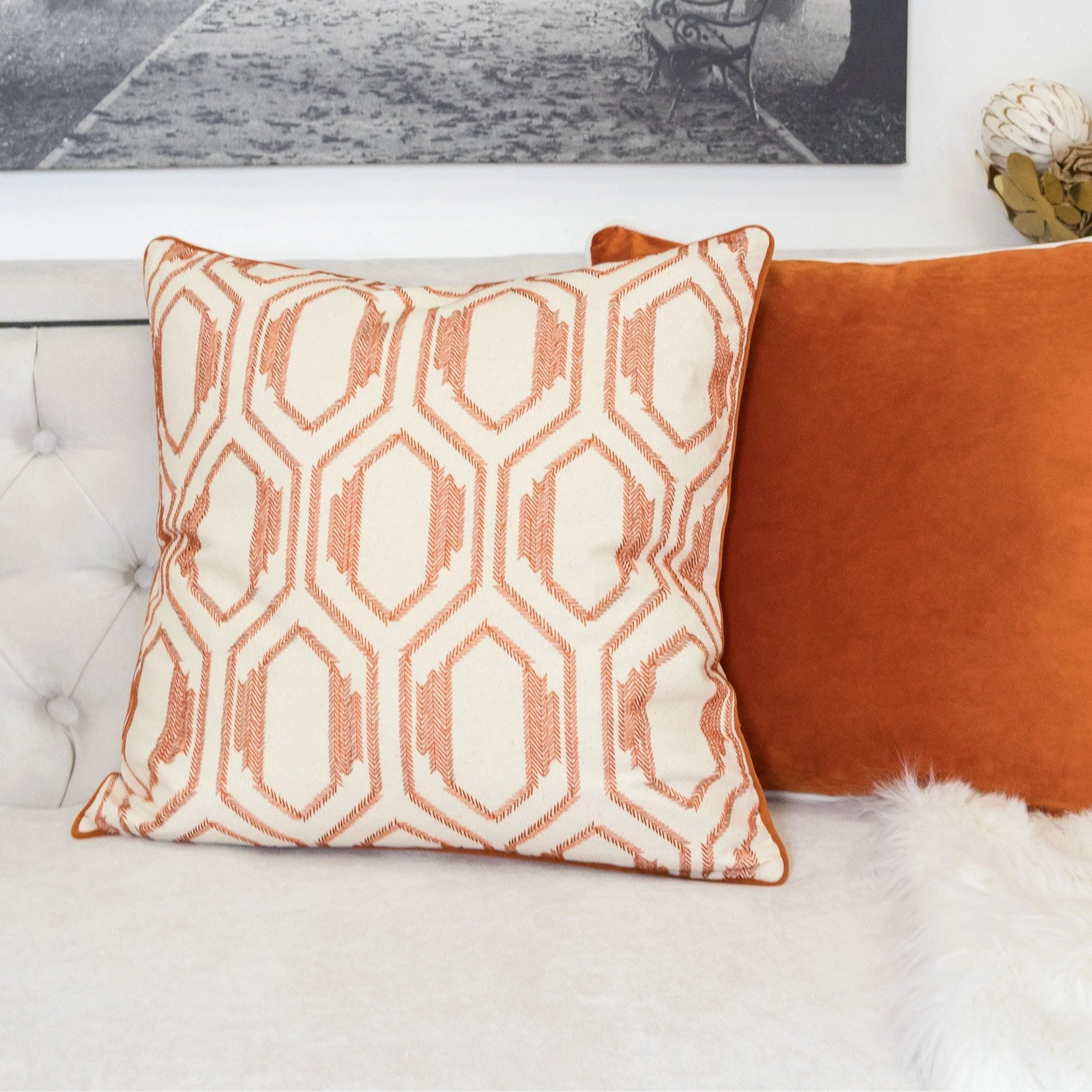 Geometric Embroidered Throw Pillow - Rust - Image 8
